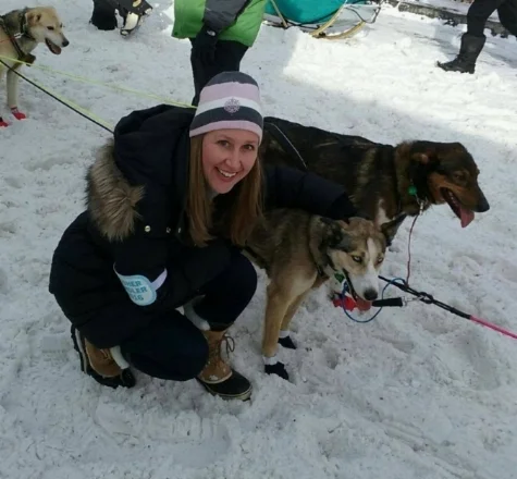 Iditarod 2016 with mushers Joar Leifseth Ulsom and Mille Porsild of Go North Adventure Learning and two of their dogs in Downtown Anchorage.