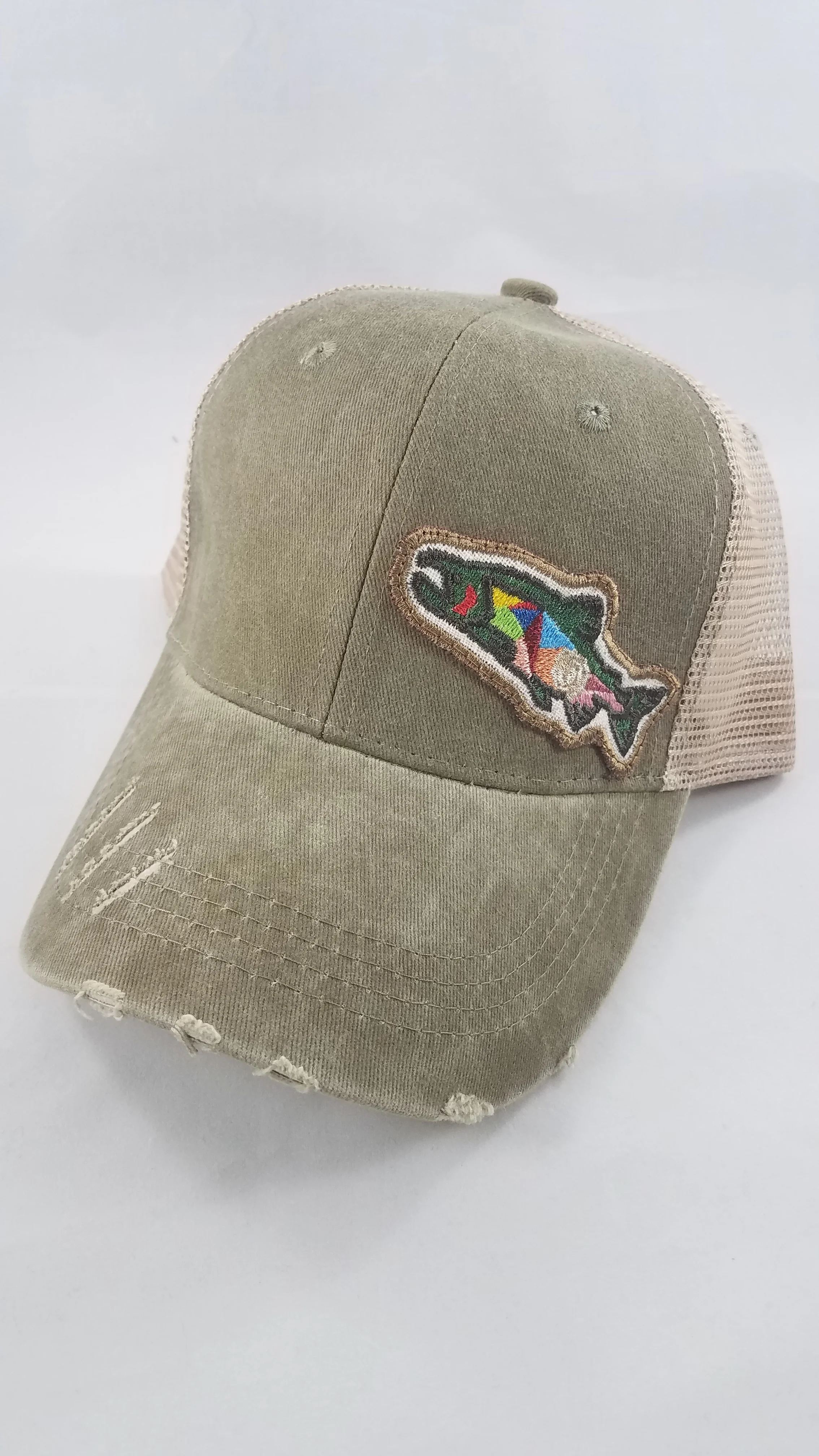 *Mosaic Salmon* Distressed Snapback Trucker (Side Placement)