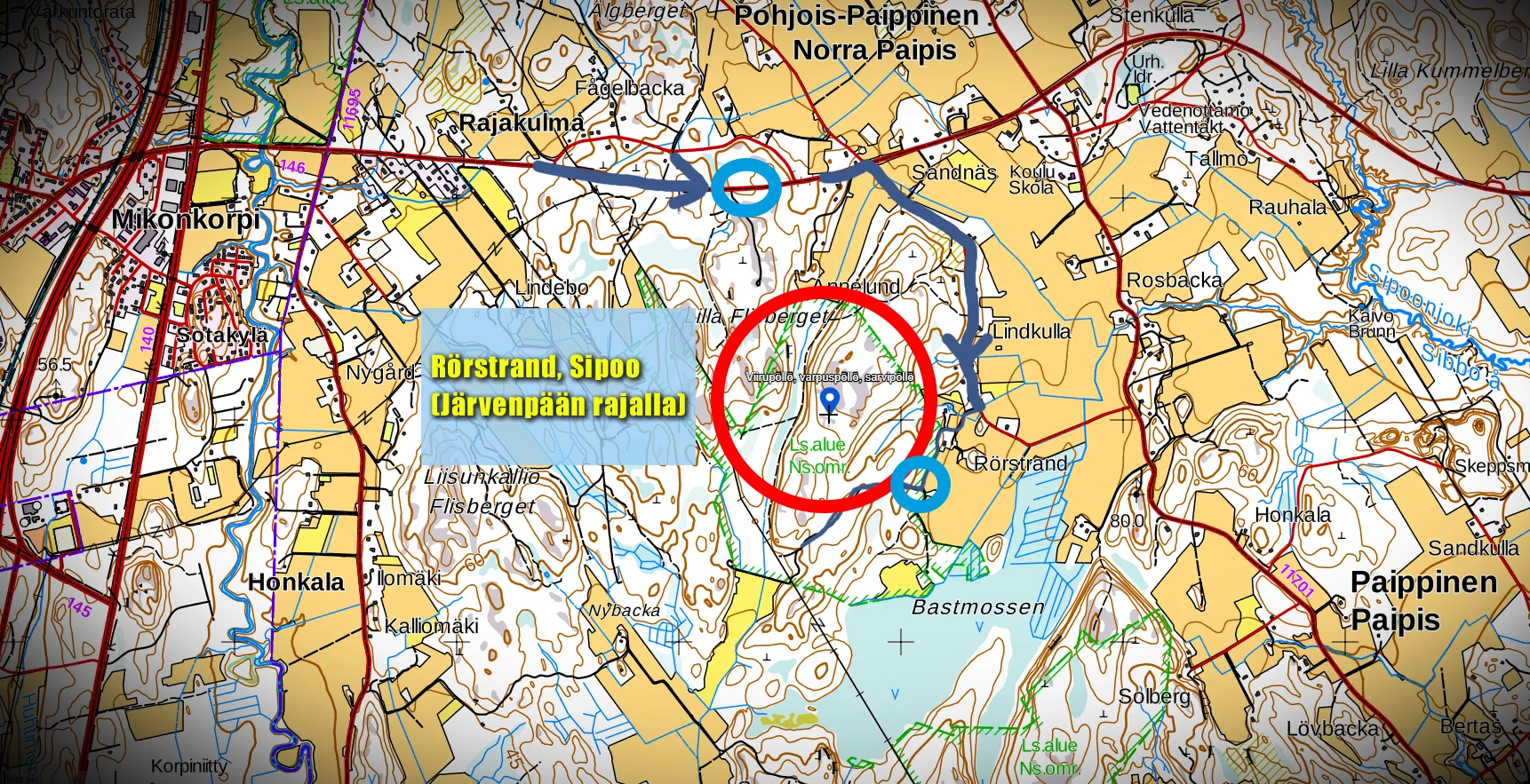 Loistava pöllöjen havainnointialue Sipoon ja Järvenpään rajoilla Rörstrandissa. Siniset pallurat ovat hyviä paikkoja saapua ja kuunnella lintuja. Ylemmällä pisteellä on paljon liikennettä, alempi sijaitsee paikassa, jonne pääsy mahdollista vain jalan tai polkupyörällä. Mosantie on pieni, kapea hiekkatie joka kulkee yksityisten tonttien ohi ja läpi, joten jos menette liikkumaan alueelle, olkaa kohteliaita ja varovaisia, älkää liikkuko yksityisten pihamailla, älkääkä jättäkö autoja esteiksi. (Kuvan kartta: maanmittauslaitos, kansalaisen karttapaikka, linkki karttaan alla)