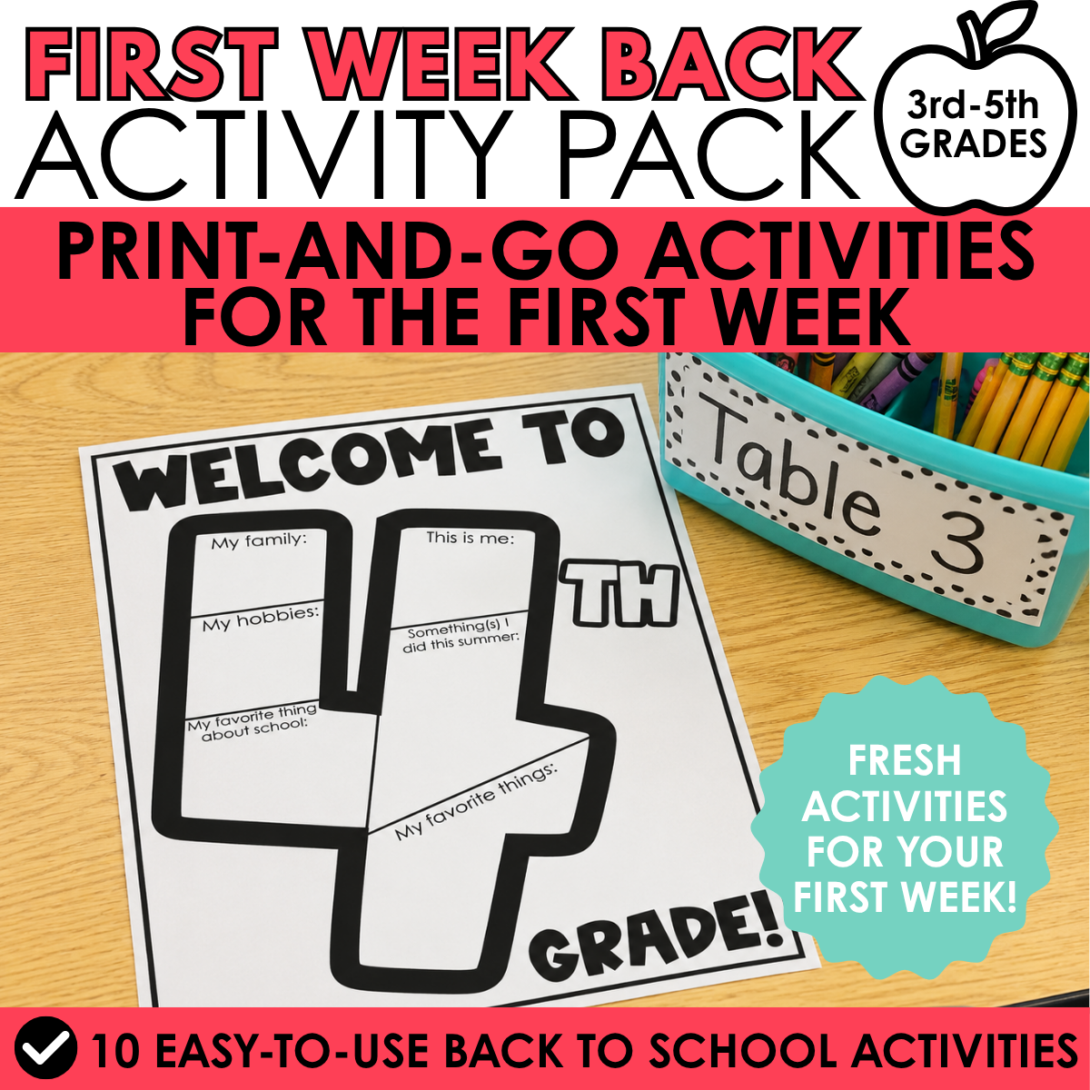 First Day of Third Grade, Fourth Grade, Fifth Grade Back to School Activities