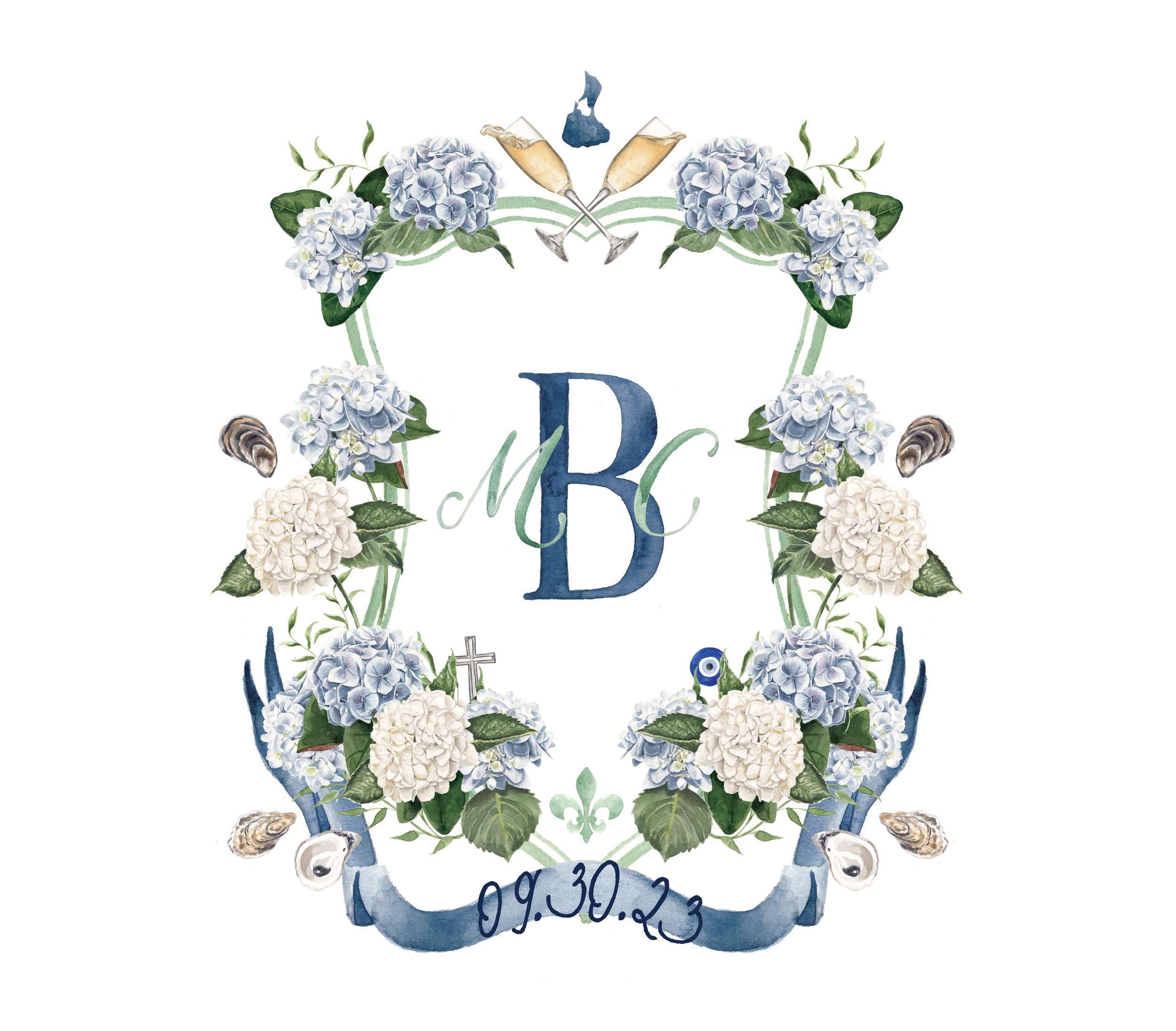Watercolor Floral Wreath Monogram Printable- Blue