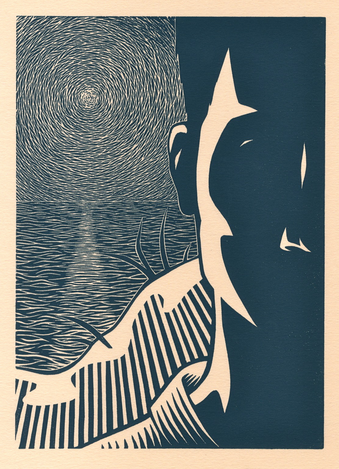 The Outsider by Albert Camus (Book Cover) . Linocut. 2010. 7x10"