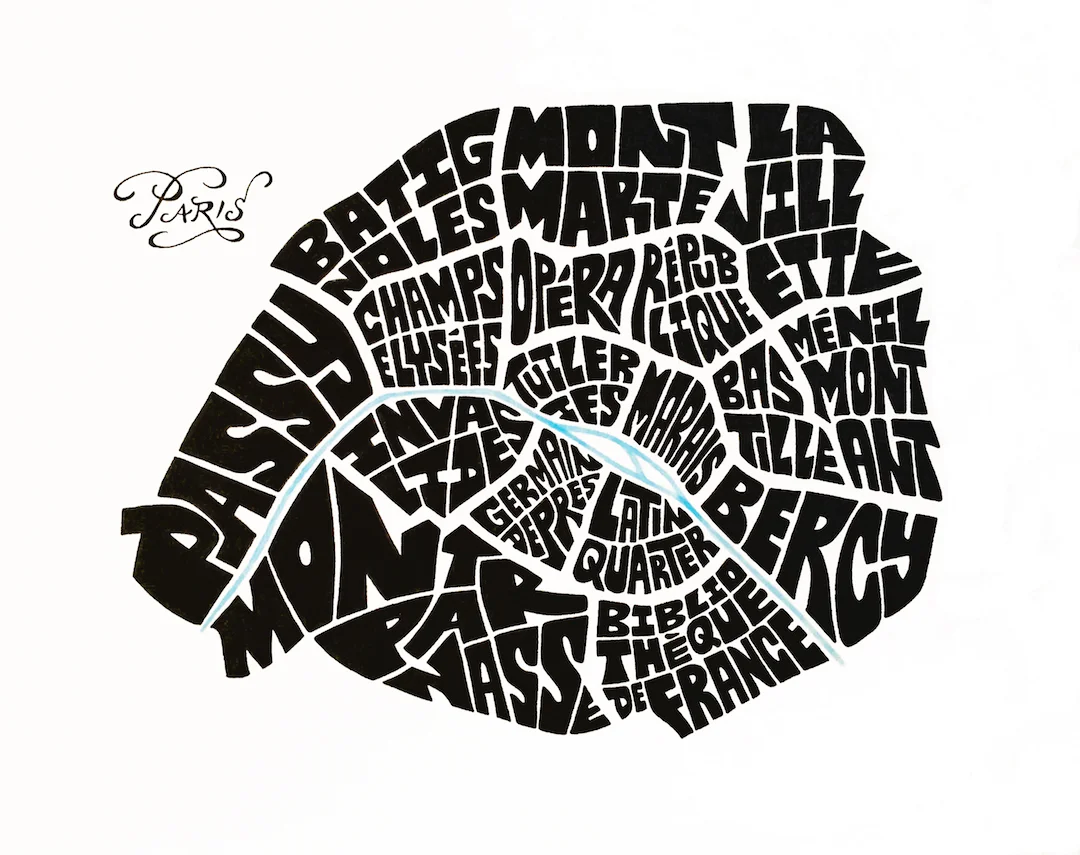 Paris Typography Map. Ink. 2016. 10x10"