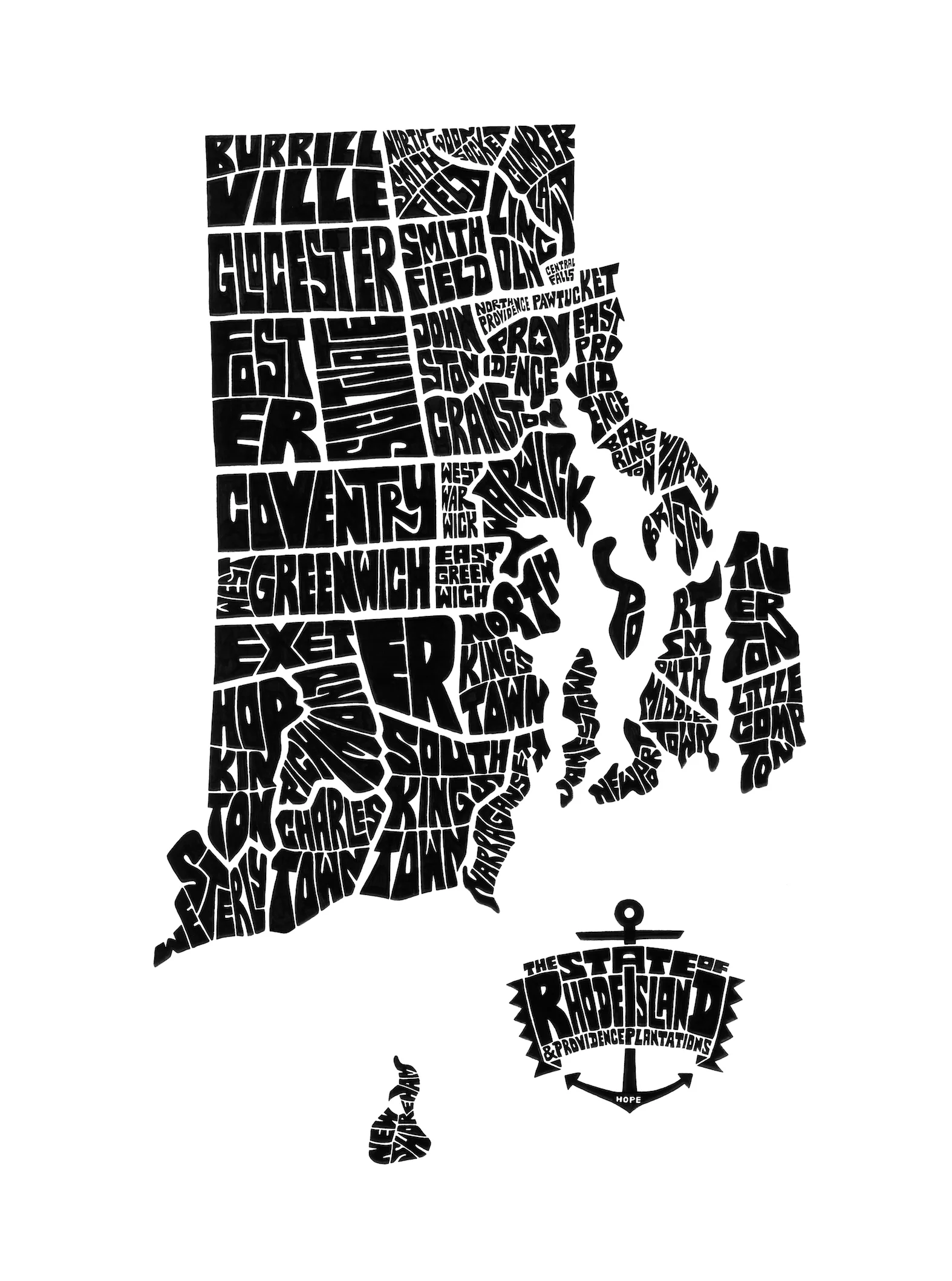 Cahtahgraphy (Rhode Island Typography Map). Ink. 2014. 20x28"