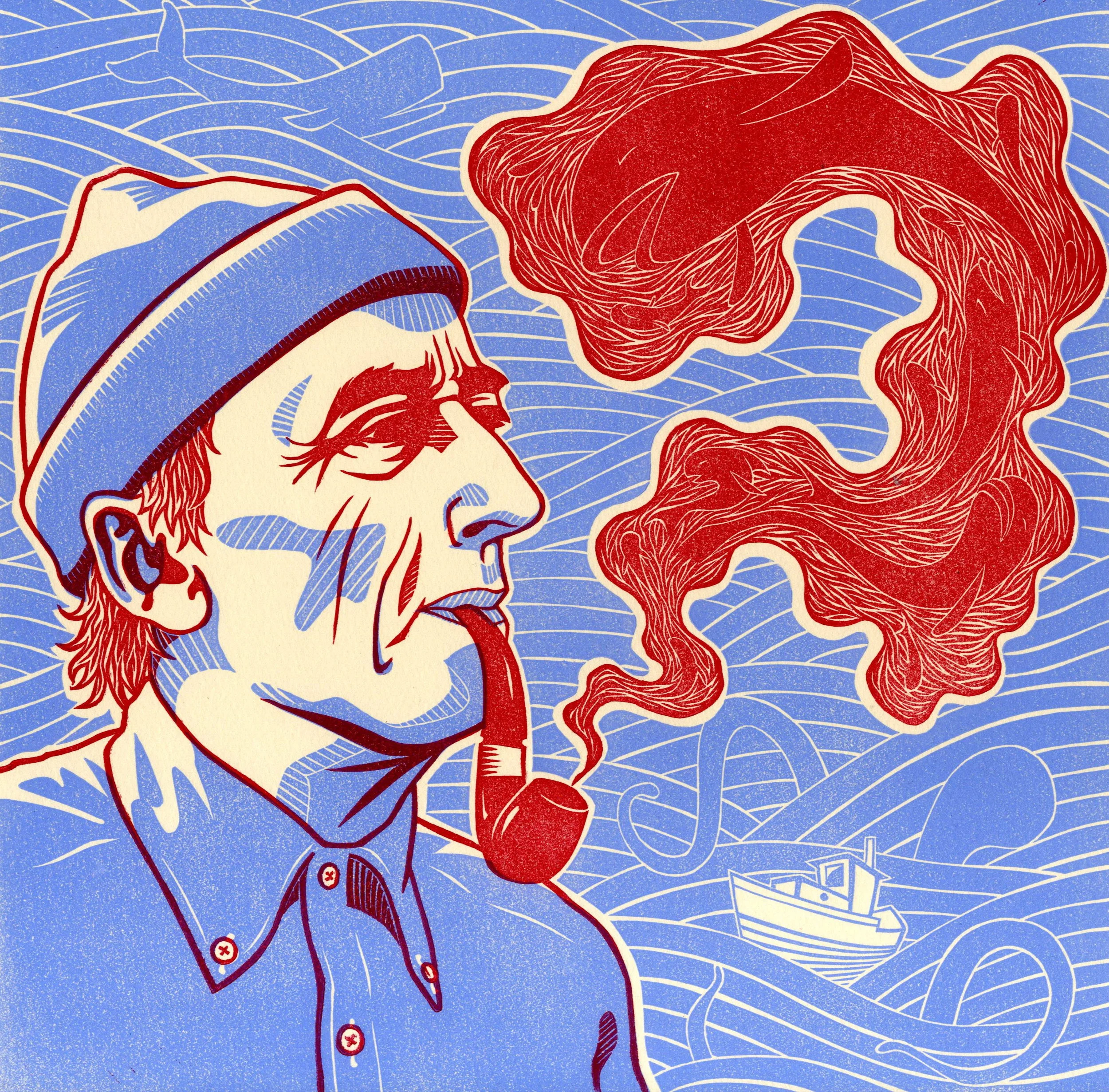 Life As A Fish (Jacques Yves Cousteau) . Linocut. 2011. 12x12"