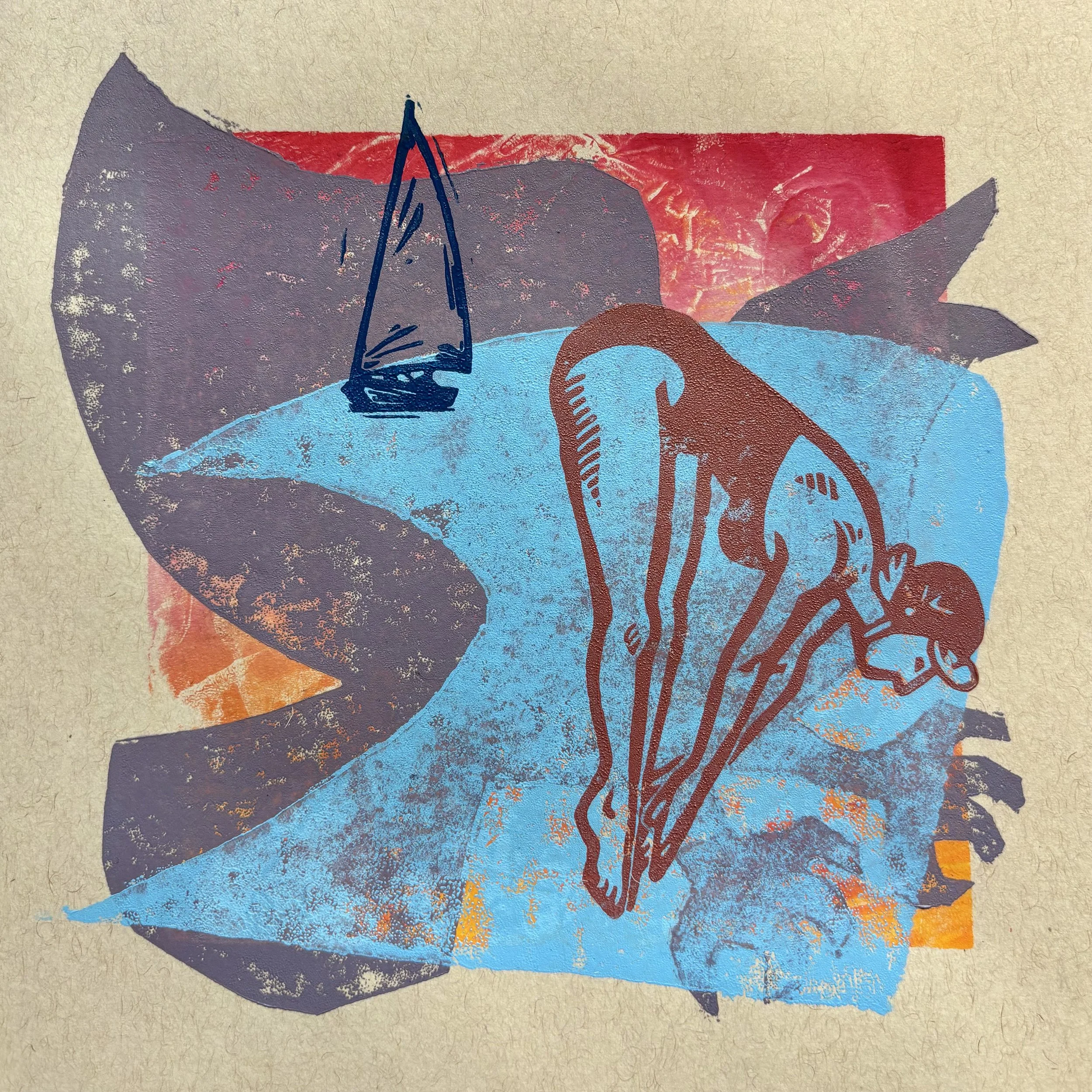 Soar, Spin, Crash. Collagraph and Linocut Print. 2026. 7x7.jpeg