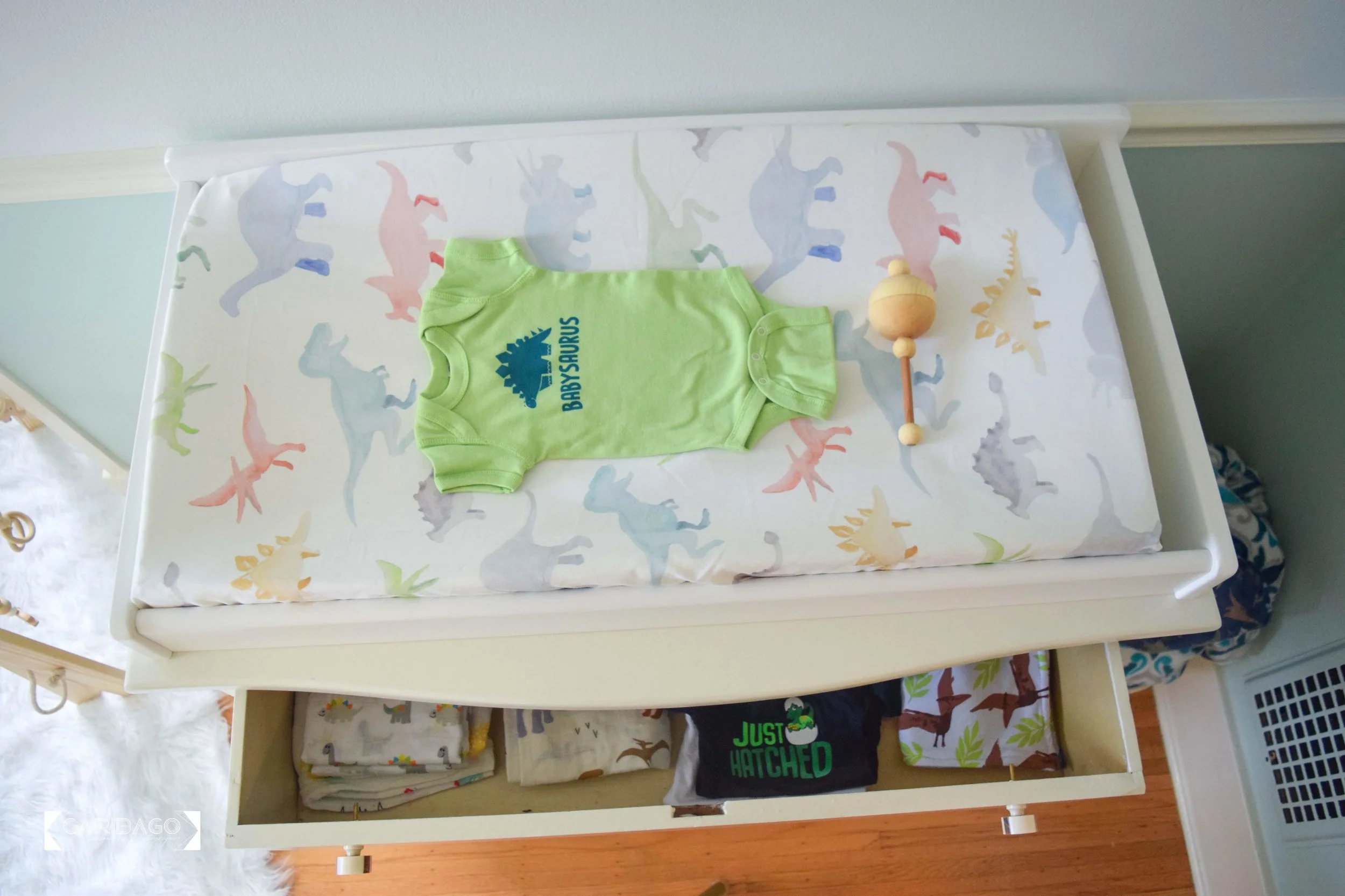 This watercolor dino pattern by Carousel Designs inspired the entire nursery decor and design!