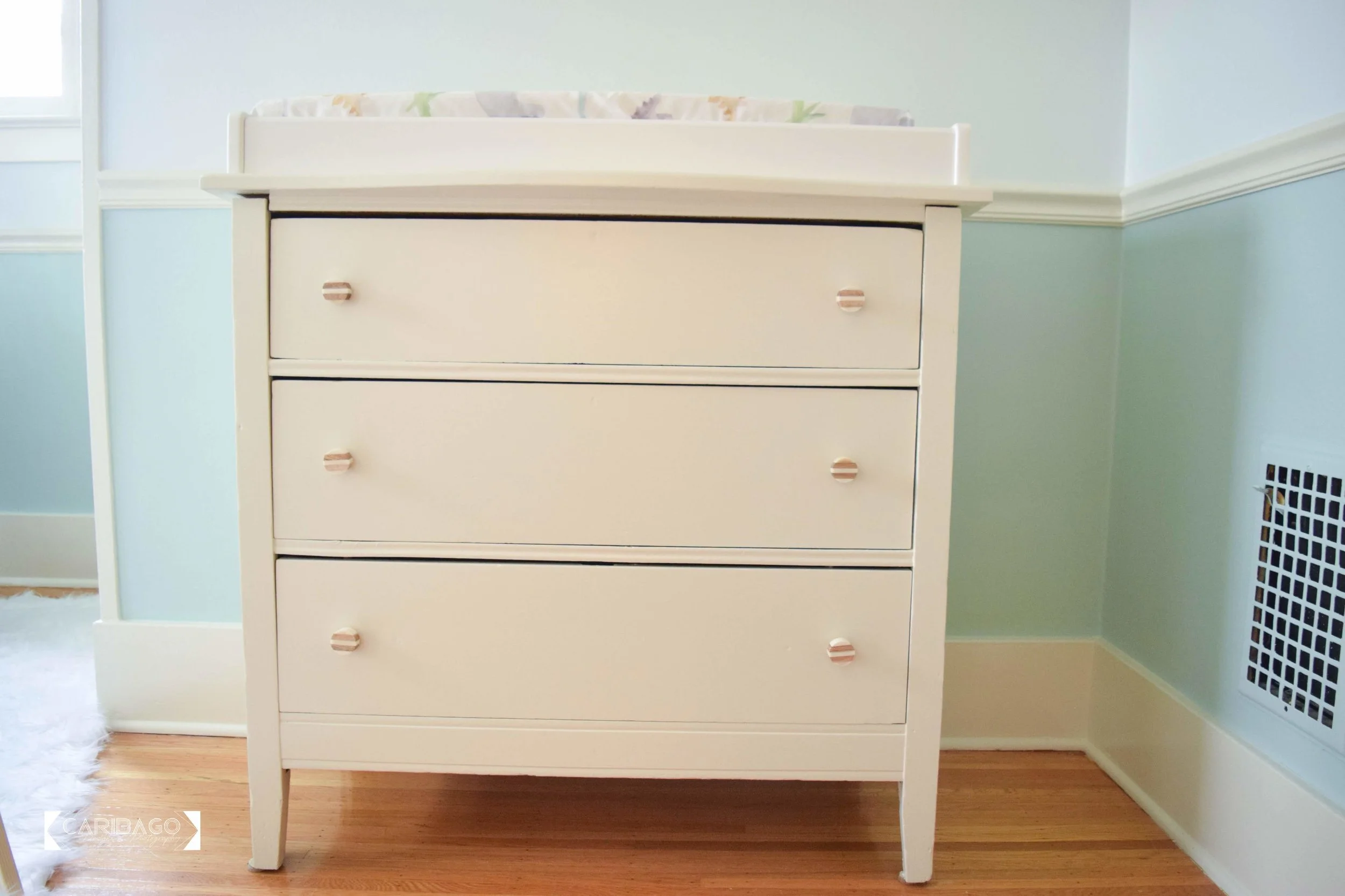 Josh redid Kayleigh’s grandparents’ dresser using Benjamin Moore Advance with a semi-gloss sheen in White Down