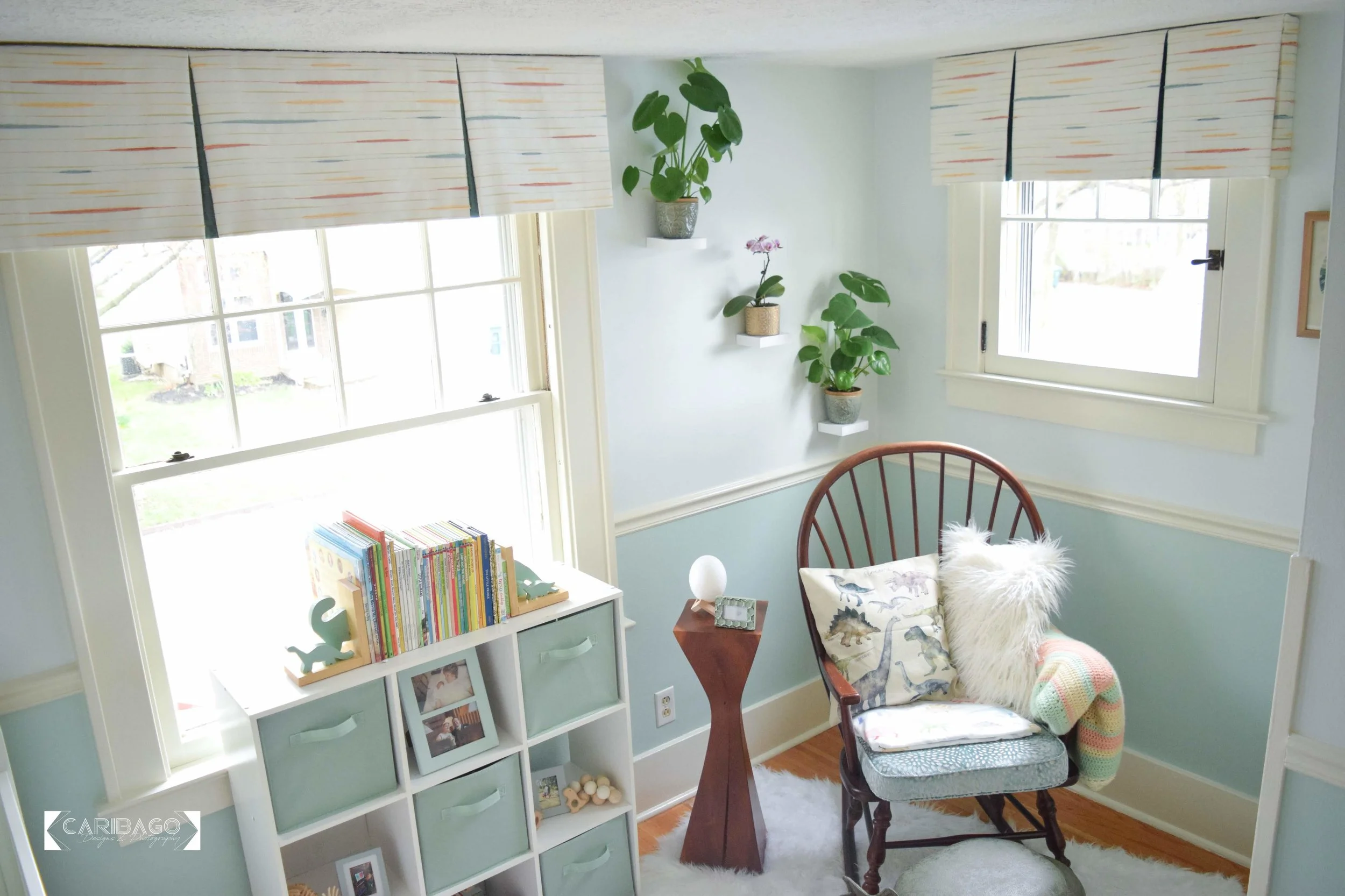 The window treatments are by Katy at Stitch & Bitch