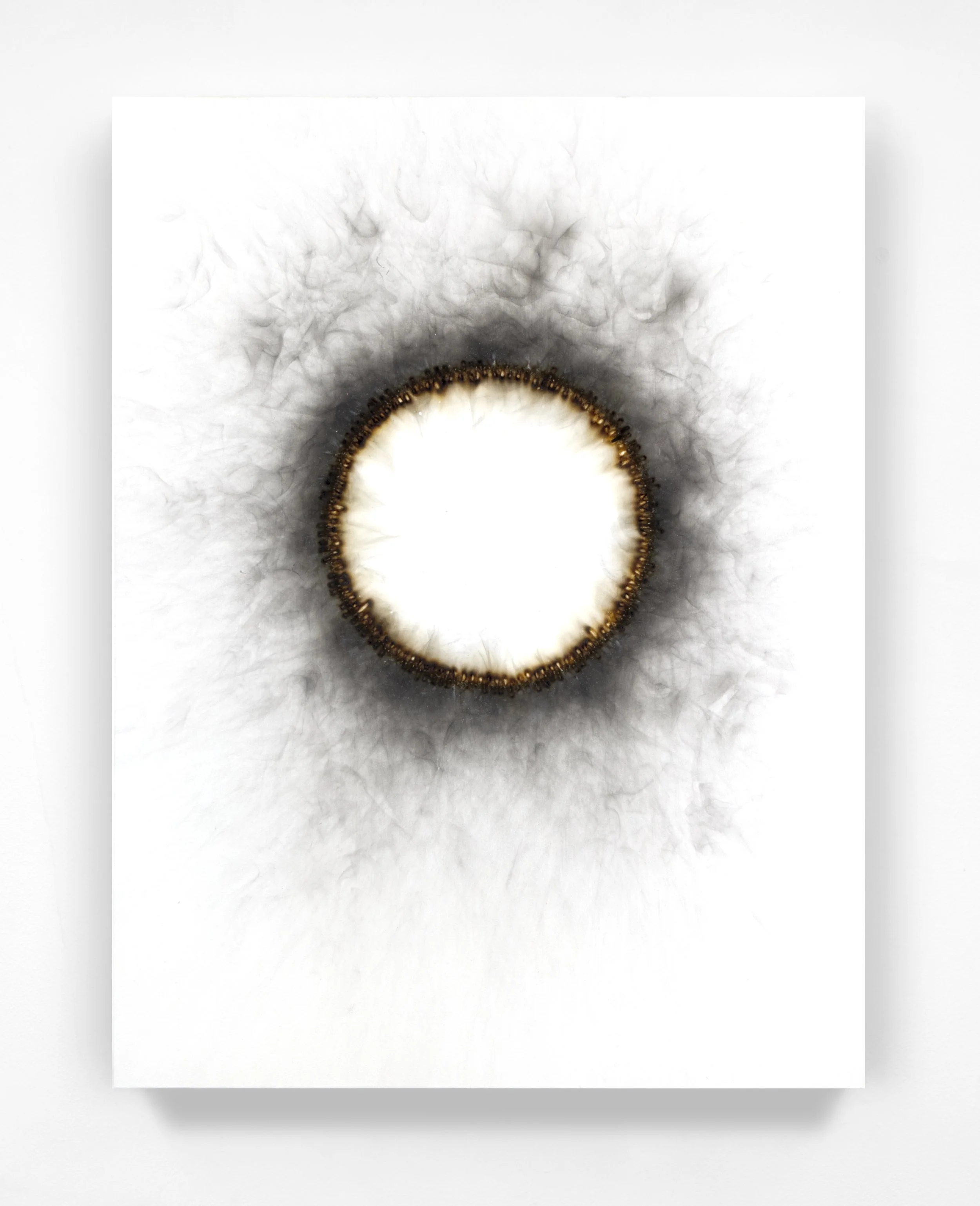 Burnt#140, 2026

 

 Kerosene oil-soot, match heads, &amp; acrylic enamel on a wooden panel.   (24 x 32 x 1.75 in.)   