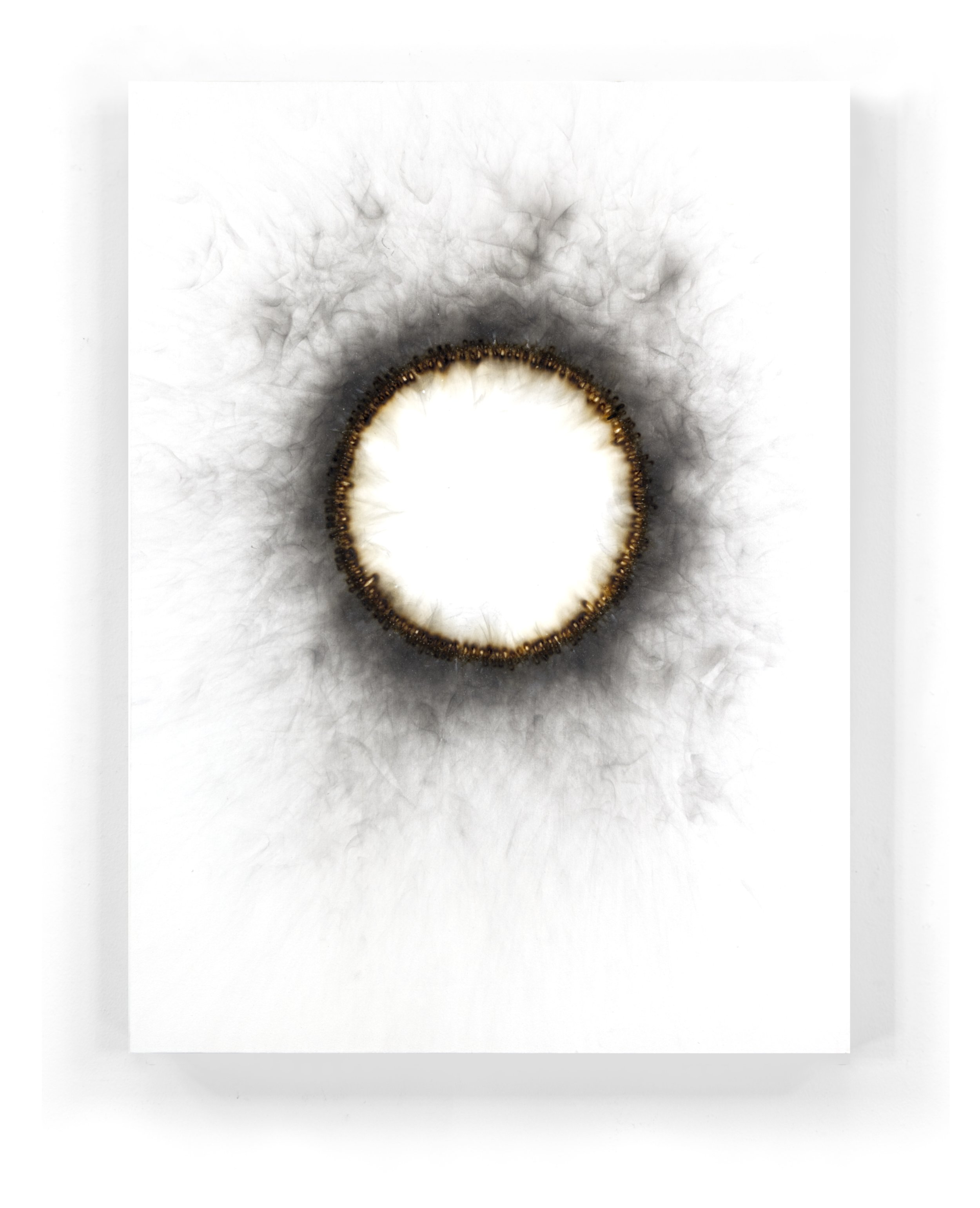  

Burnt#140, 2025

 

 Kerosene oil-soot, match heads, &amp; acrylic enamel on a wooden panel.   (24 x 32 x 1.75 in.)   