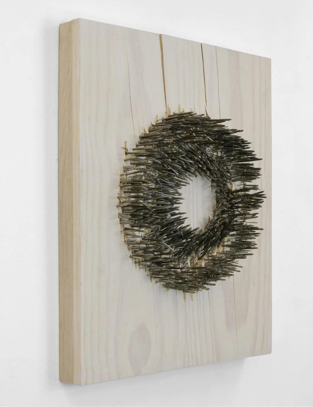  Oxidized#122, 2025  
Nails through a pickled wooden panel.  (19 x 24 x 4.5 in.)   