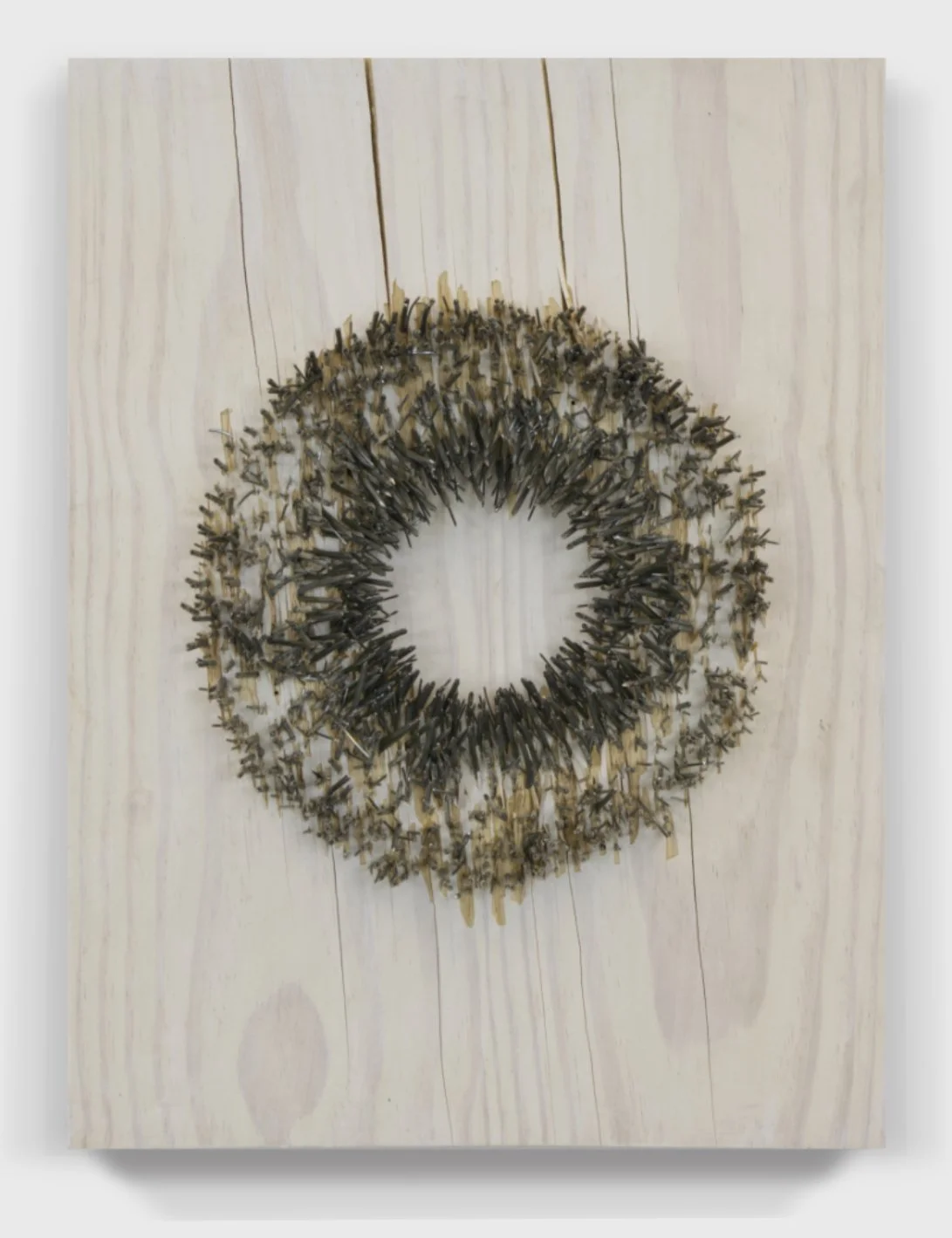  Oxidized#122, 2025  
Nails through a pickled wooden panel.  (19 x 24 x 4.5 in.)   