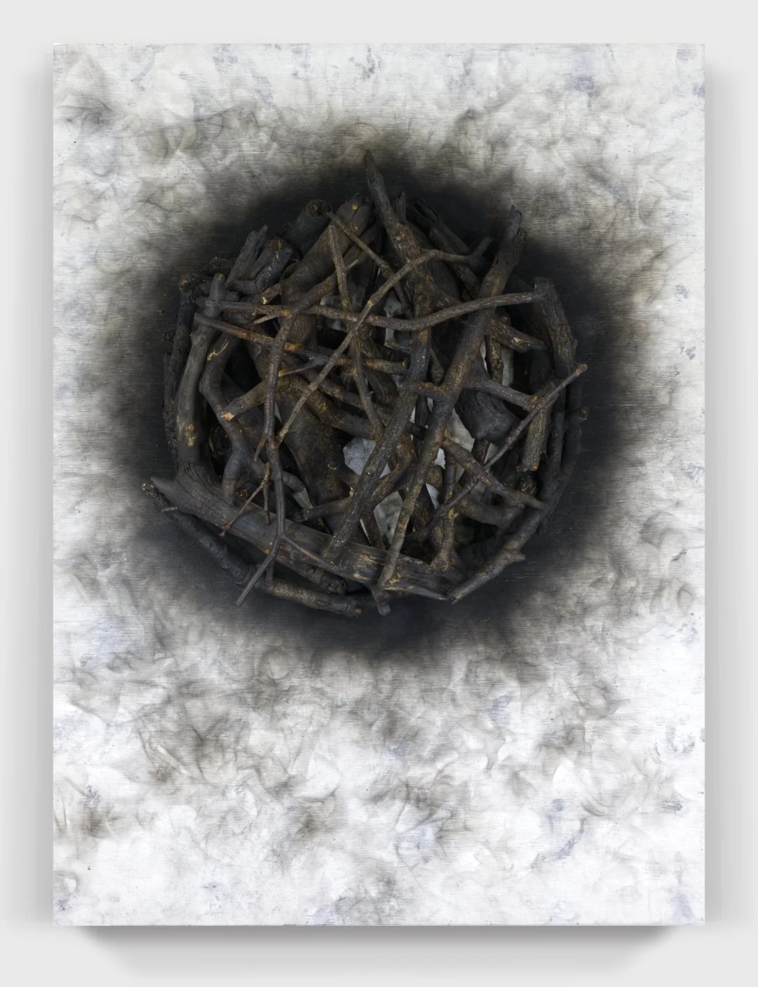   Burnt#92, 2024   
Burnt branches, kerosene oil-soot, on a painted wooden panel.
  (27 x 38 x 6 in.)   