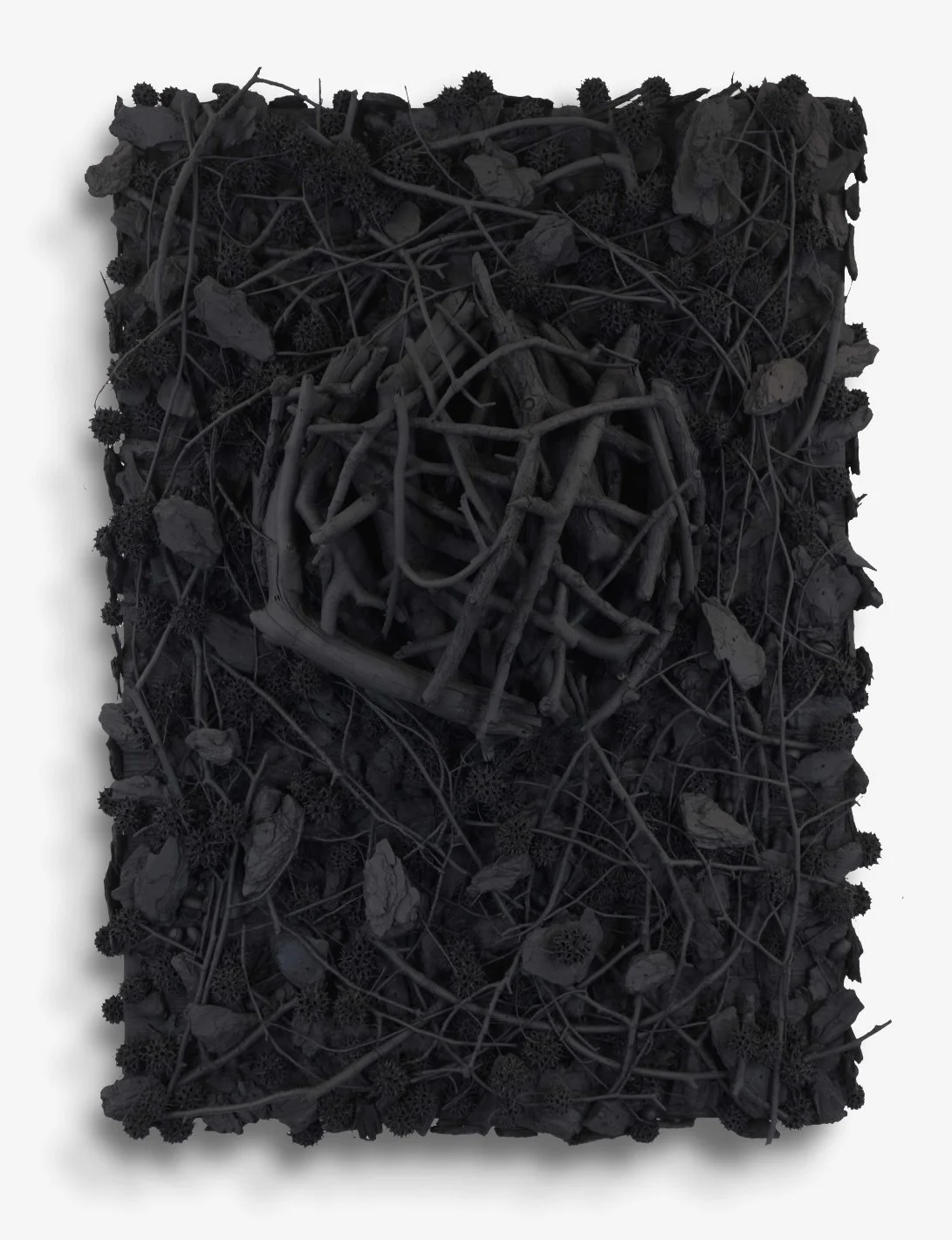   Burnt#92, 2024   
Burnt branches, soot & painted on a wooden panel. (28 x 38 x 9 in.)   
