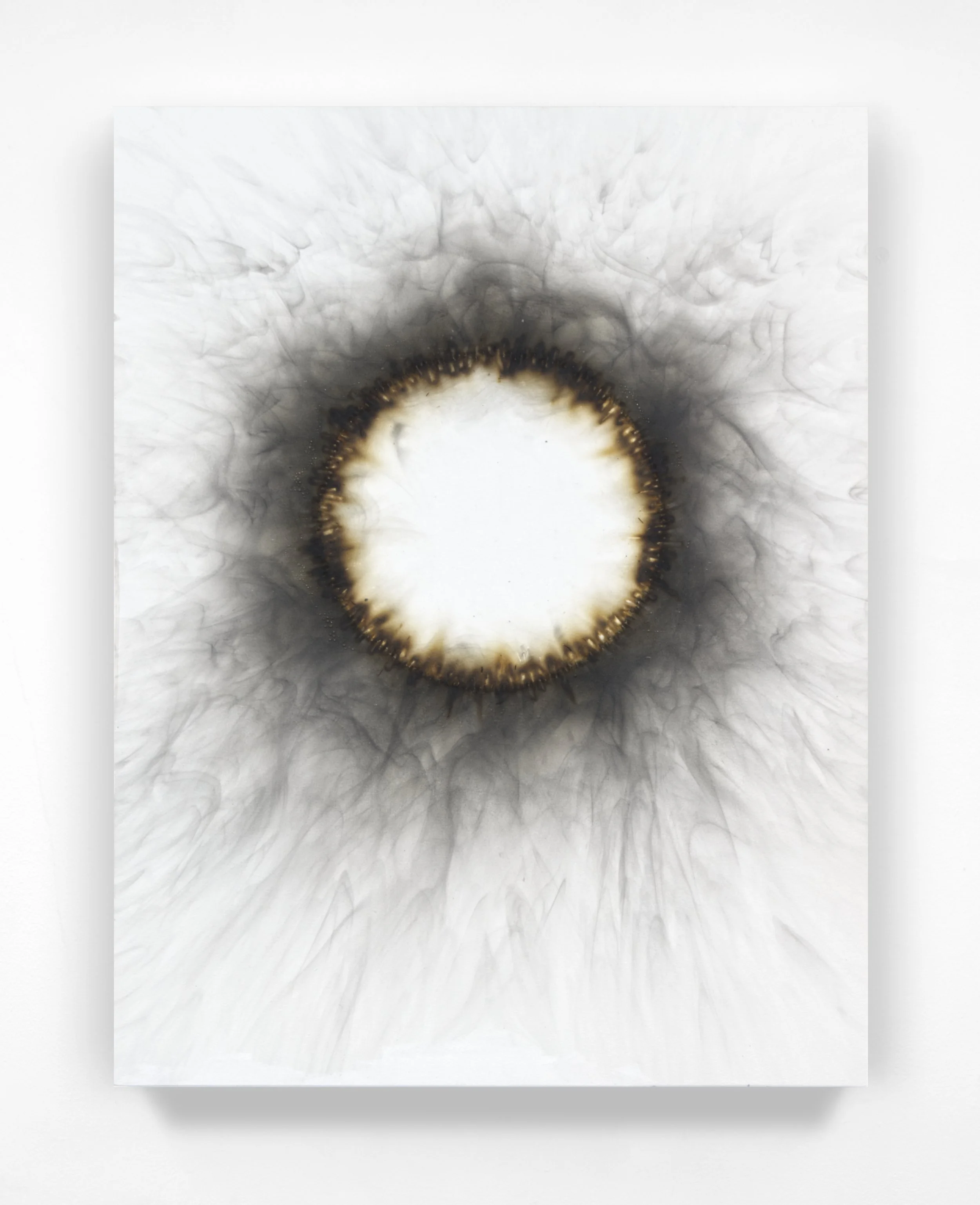 Burnt#133, 2025

 

 Kerosene oil-soot, match heads, &amp; acrylic enamel on a wooden panel.   (18 x 24 x 1.75 in.)   