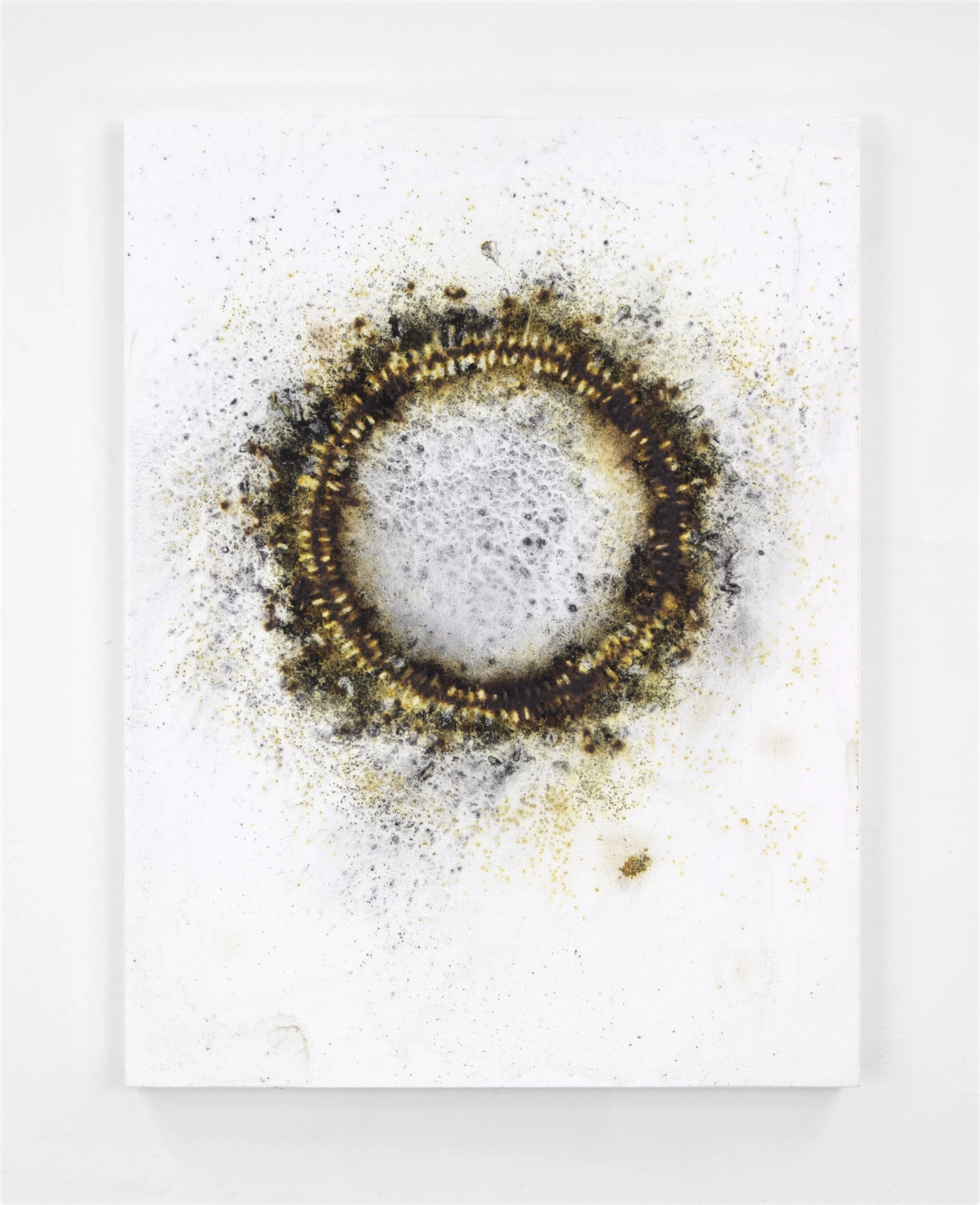Burnt#132, 2025

 

 Burnt gunpowder, match heads, sulfur, and acrylic enamel on a wooden panel.   (18 x 24 x 1.75 in)   