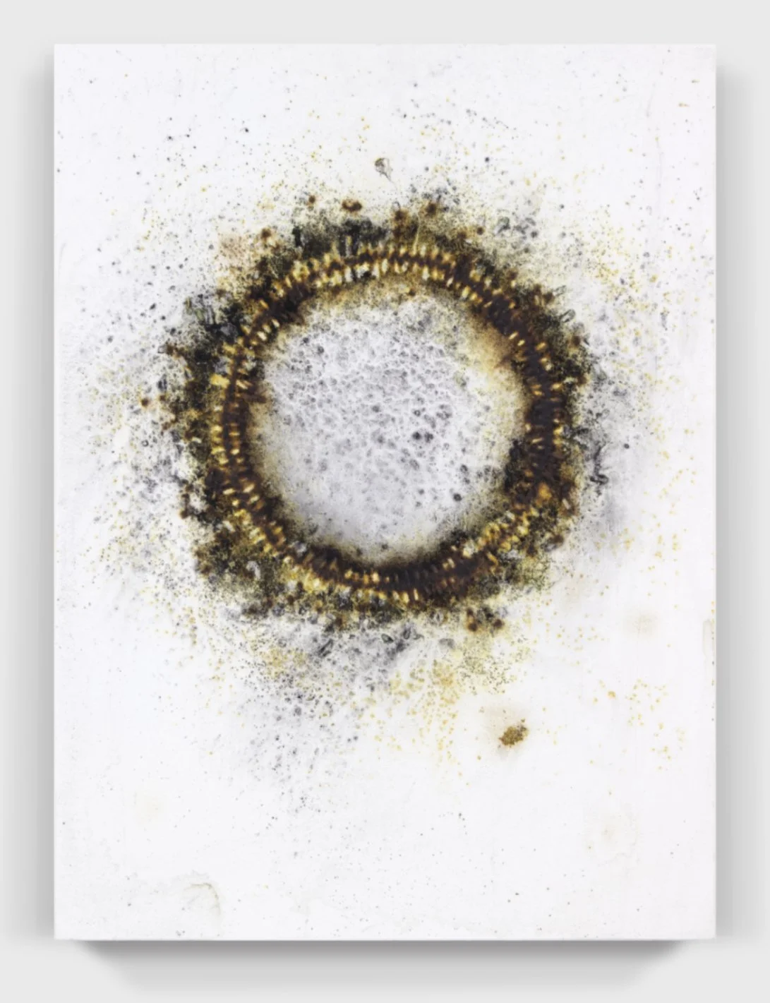  Burnt#132, 2025  
Gunpowder, burnt match heads on a painted wooden panel.  (18 x 24 x 1.75 in.)   