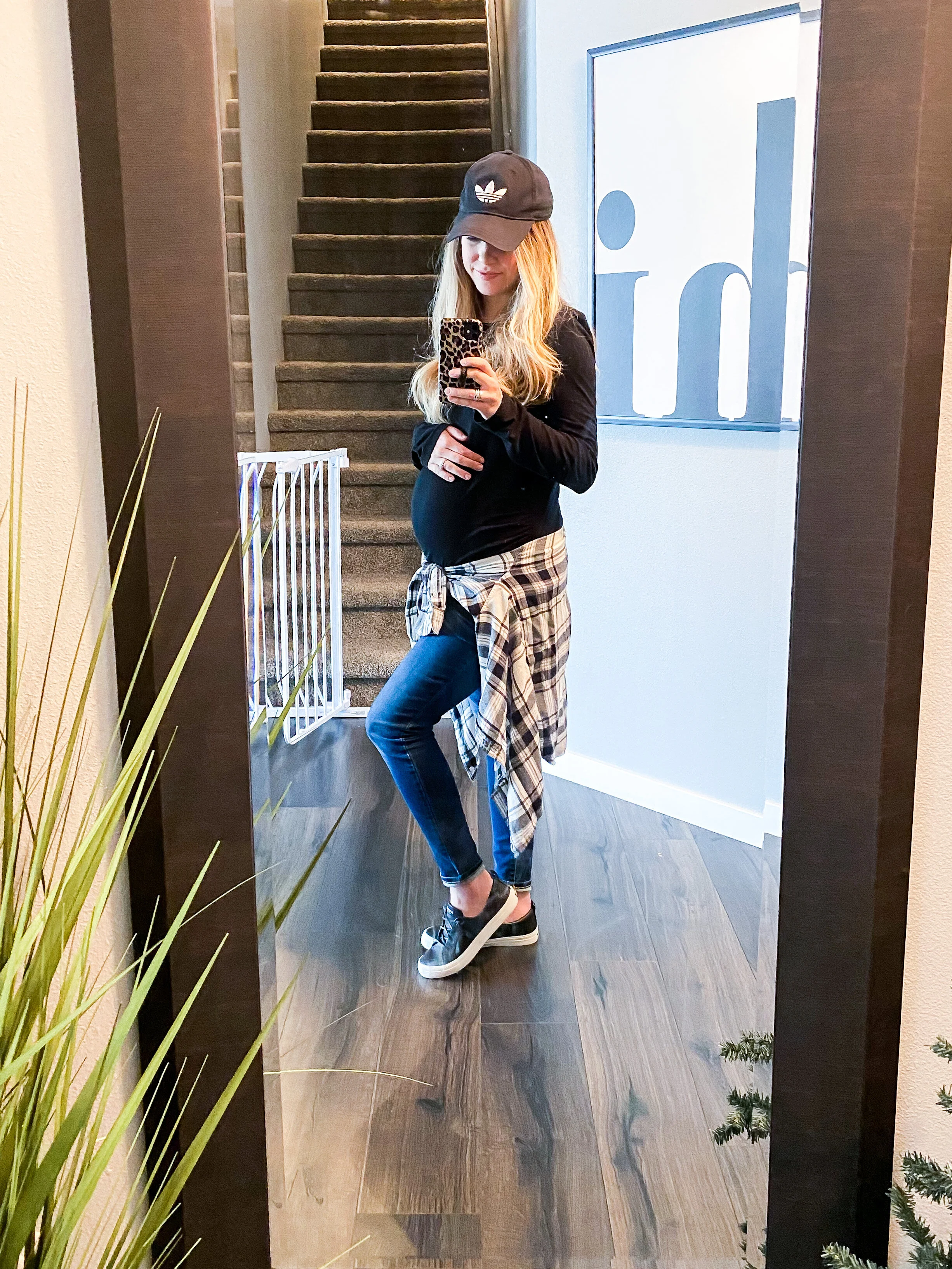 Plaid shacket with maternity jeggings fall outfit