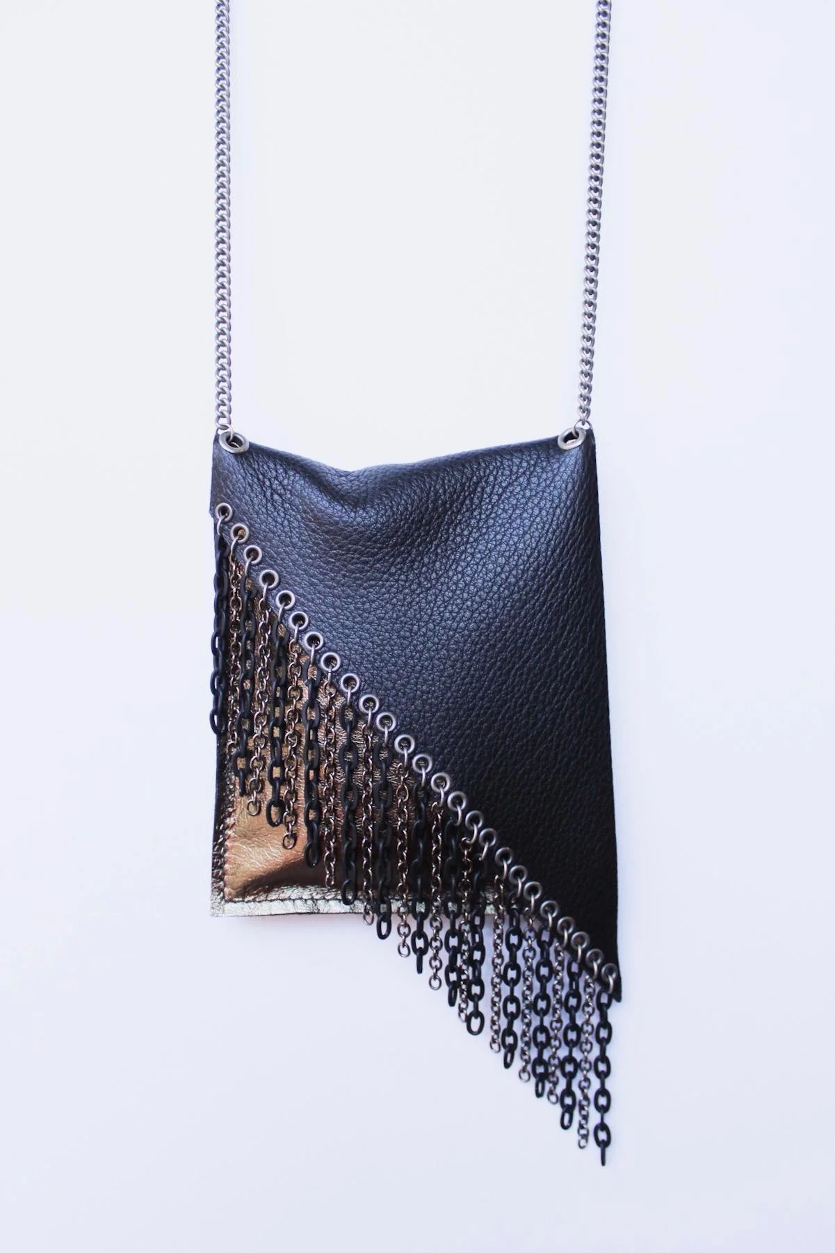 Second is Bronze metallic lambskin bag with black deerskin flap embellished with multi chain fringe. $128..jpg