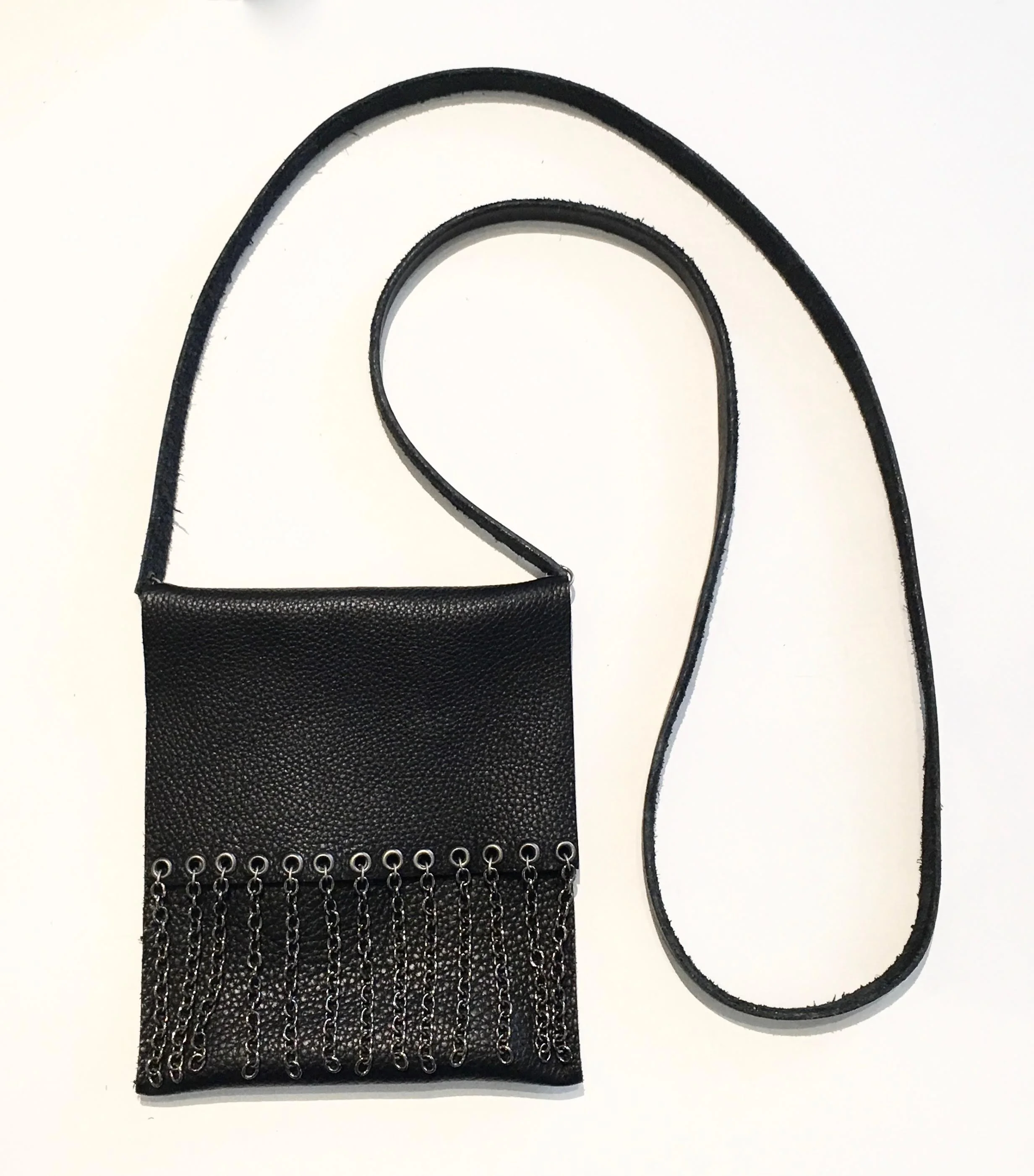 Black deerskin bag with antiqued nickel chain fringe. $128..jpg
