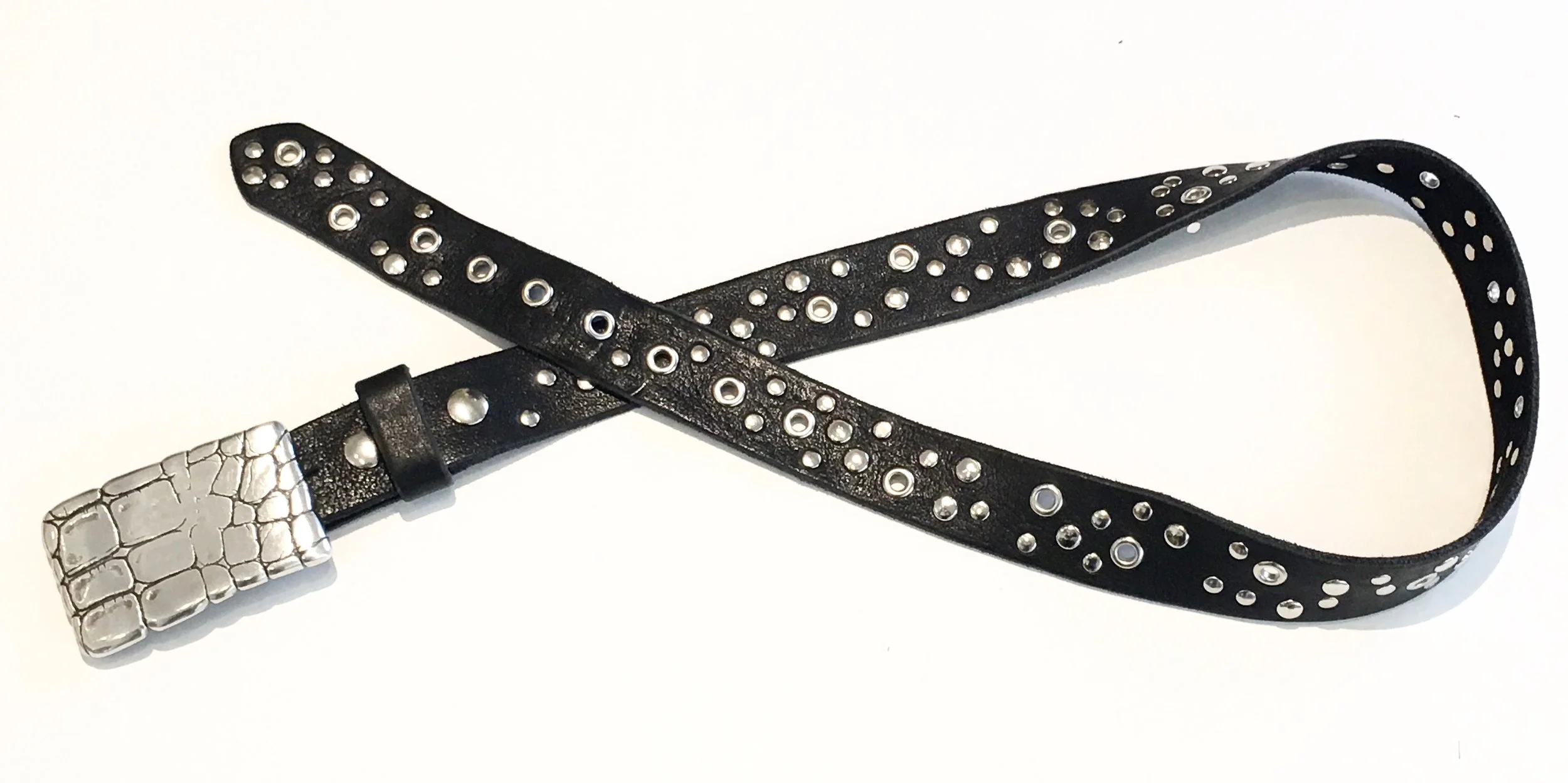 Black Water Buffalo unskived leather belt heavily studded with polished nickle metal work and crocadile style buckle. $225..jpg