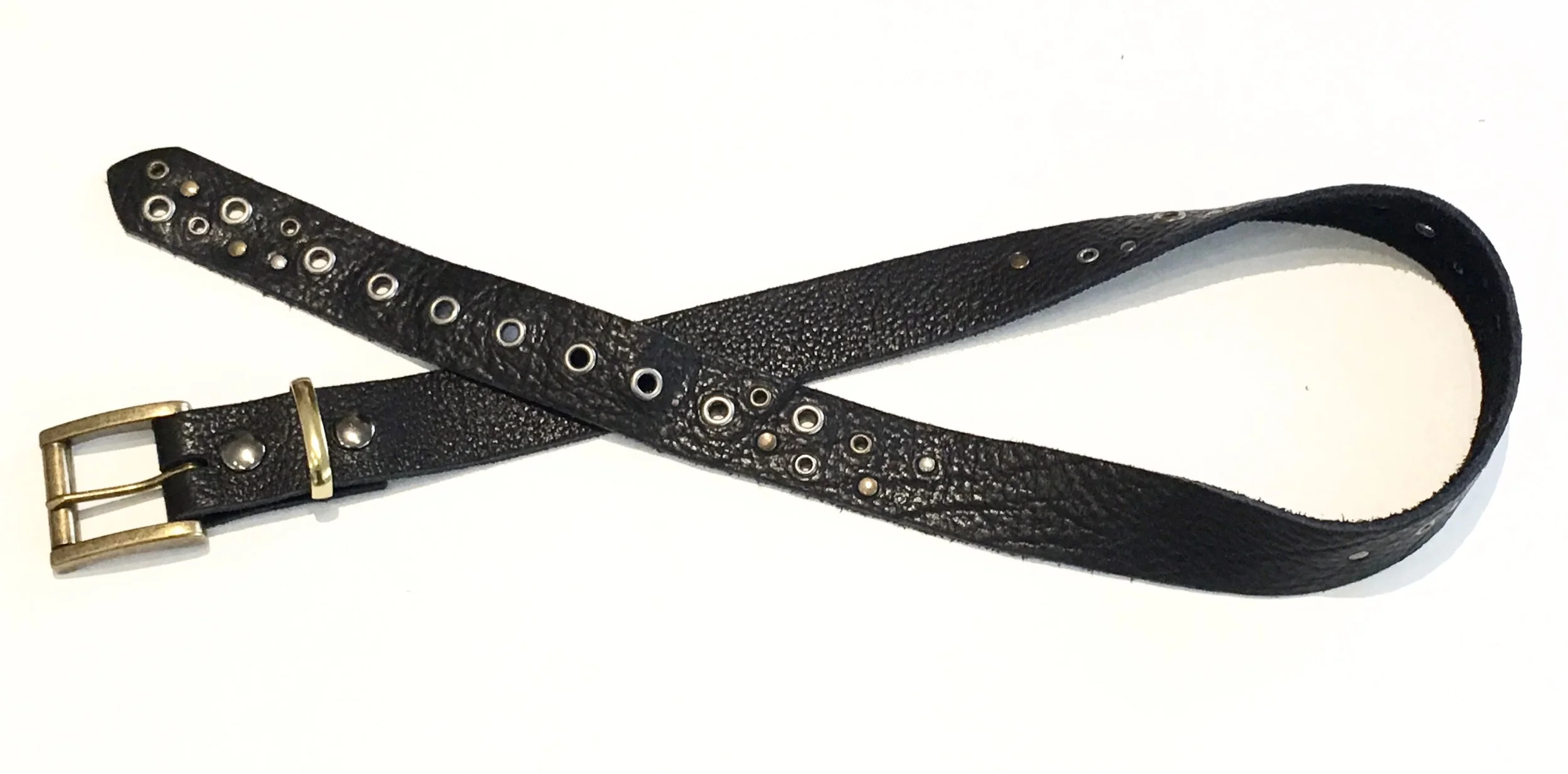 Black Water Buffalo unskived leather belt with 2 tone antique brass and nickel studs and buckle. $220..jpg