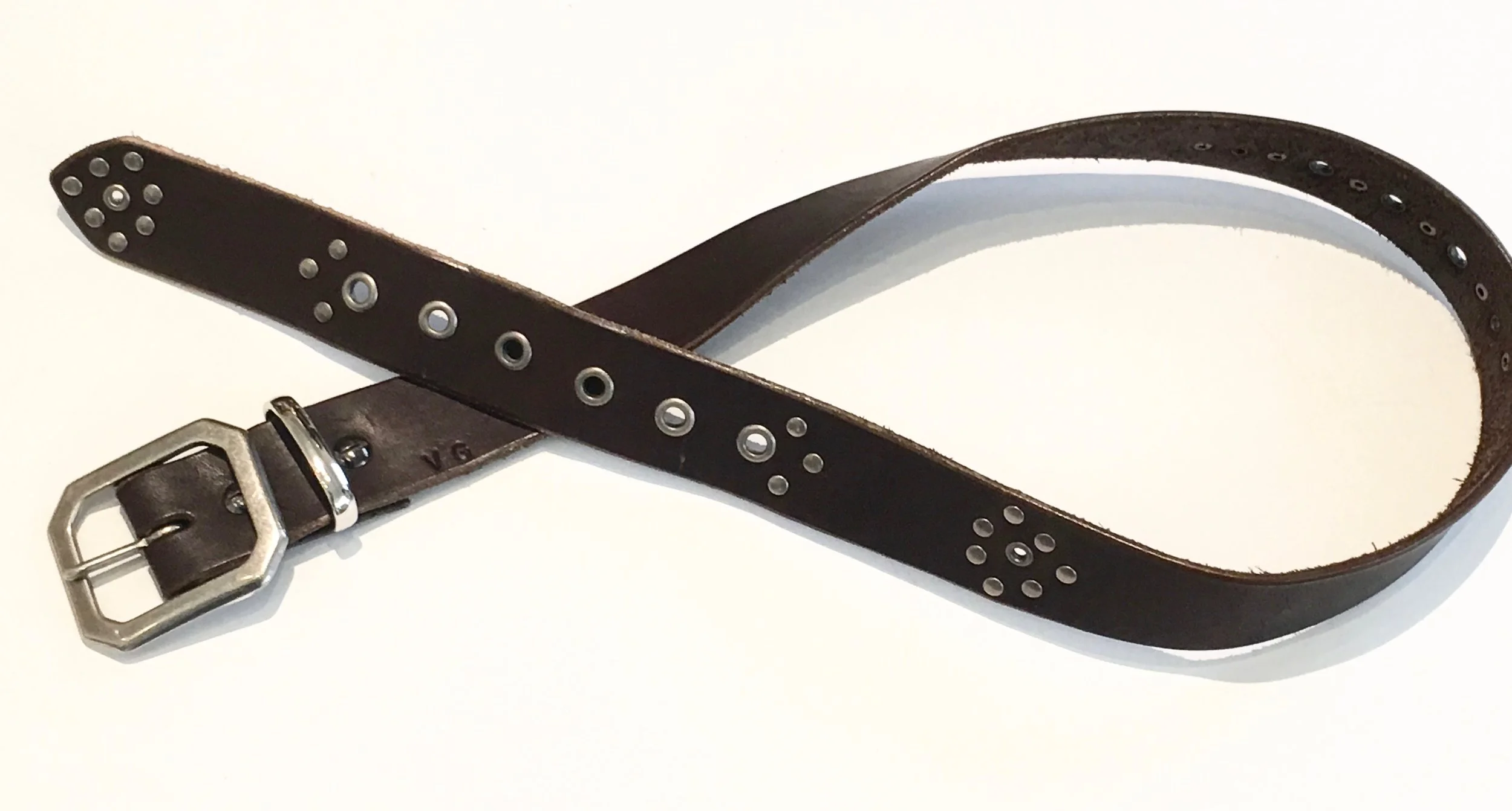 Dark Brown Leather belt with antique nickel studs and buckle. $195..jpg
