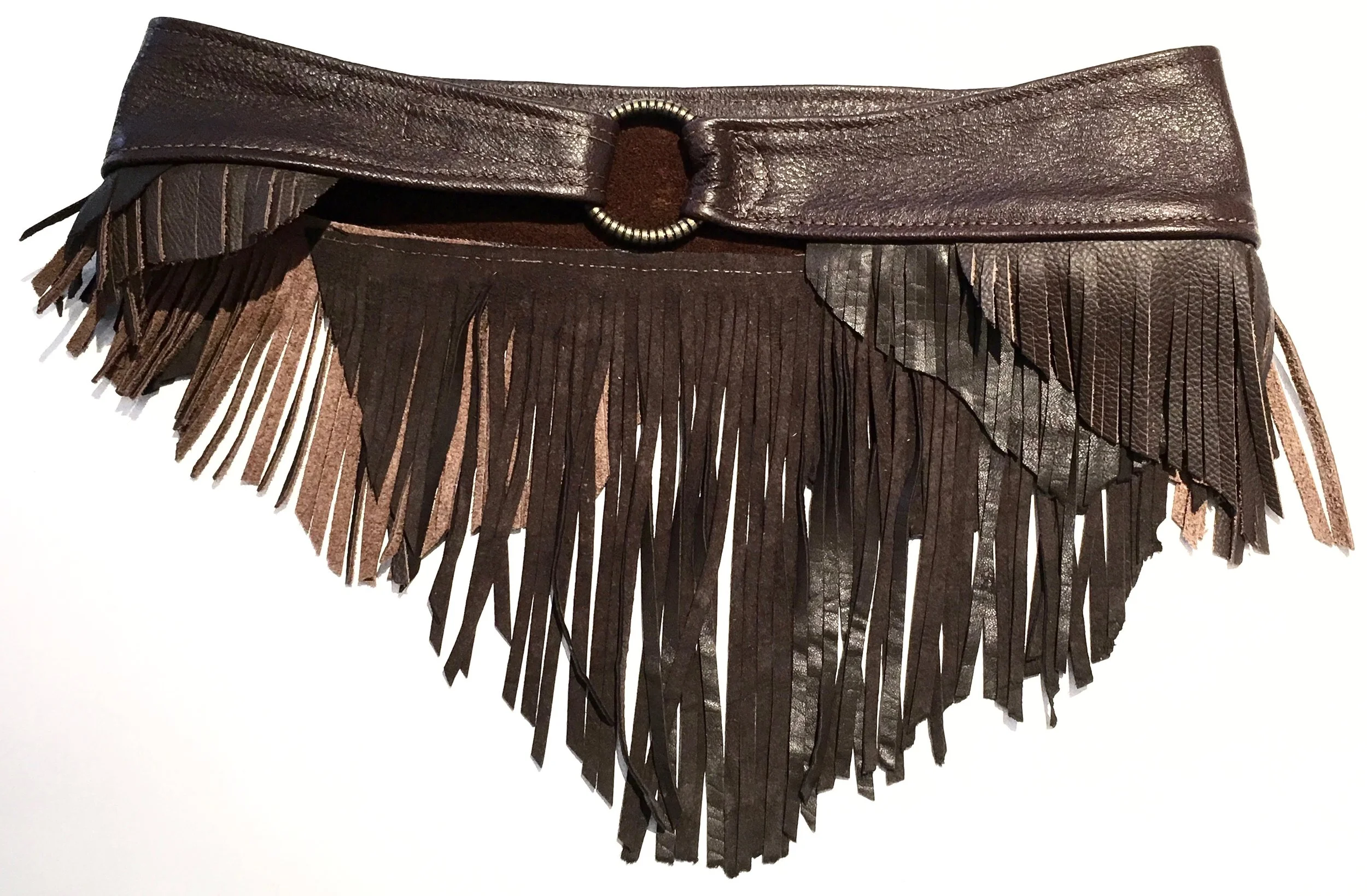 Shades of brown cowhide and lambskin with layered fringe. Brass ring with adjustable velcro closure. $348..jpg