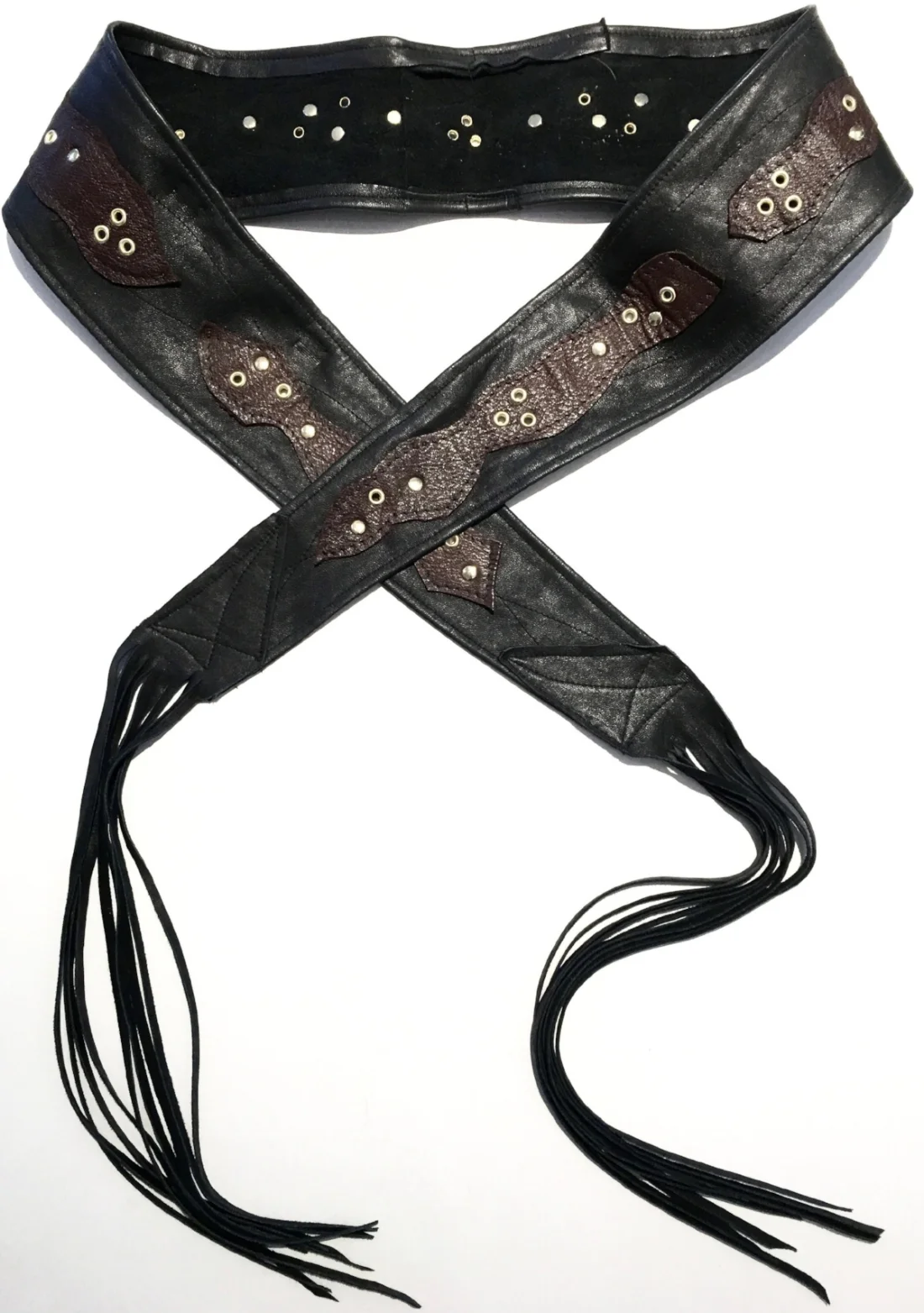 Black lambskin HipWear with brown cowhide and polished gold colored metal work. Tied around waist. $248..jpg