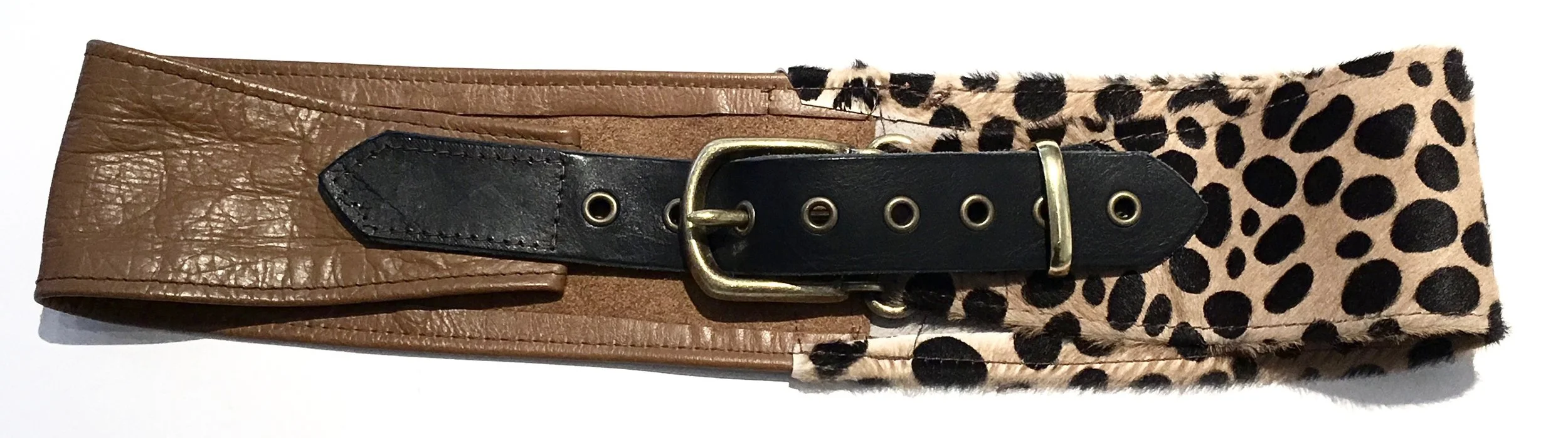 Camel colored cowhide and hair on hide cheetah print HipWear. Adjustable belt closure. $248..jpg
