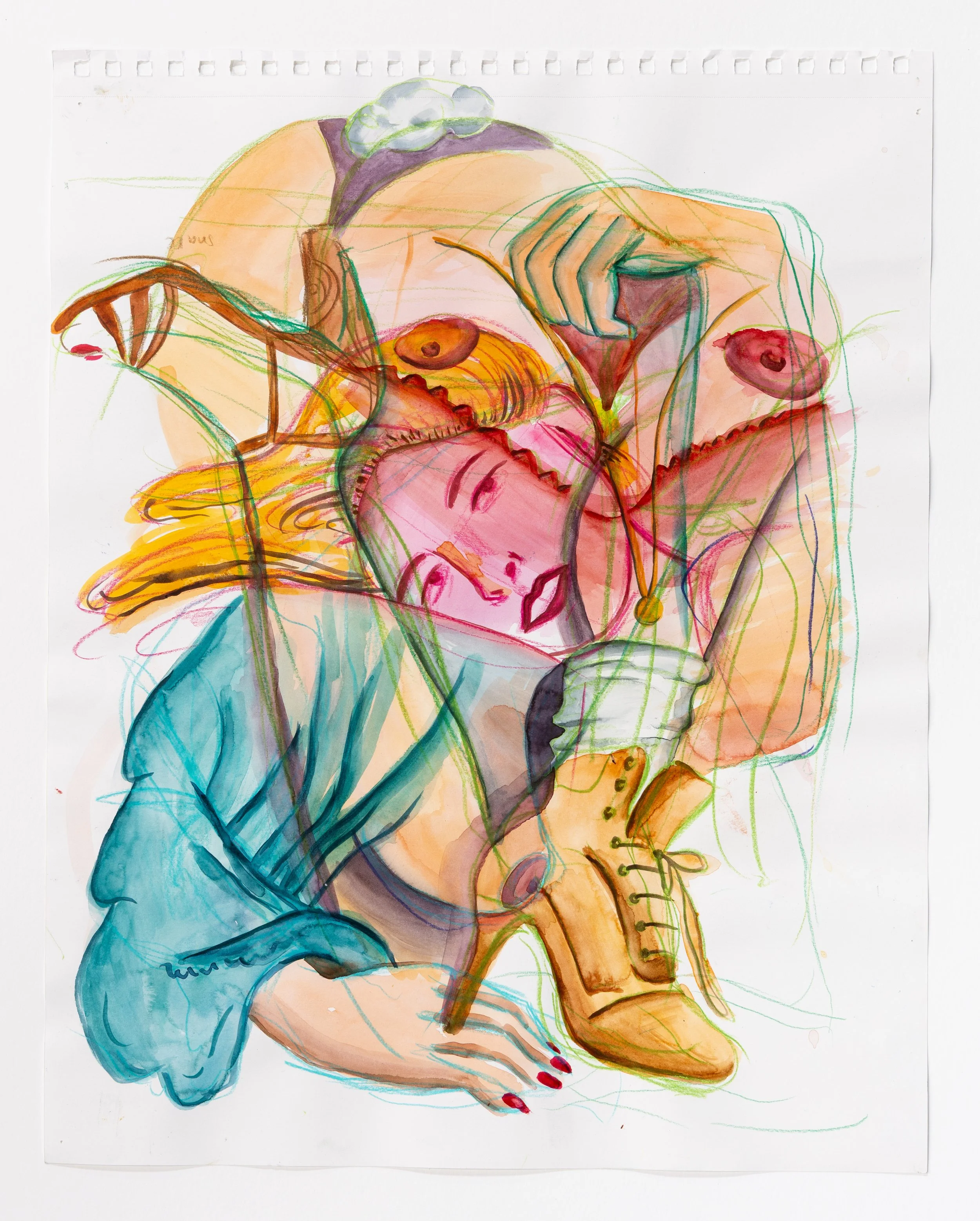  Watercolor and colored pencil on paper, 24×18, 2024. 