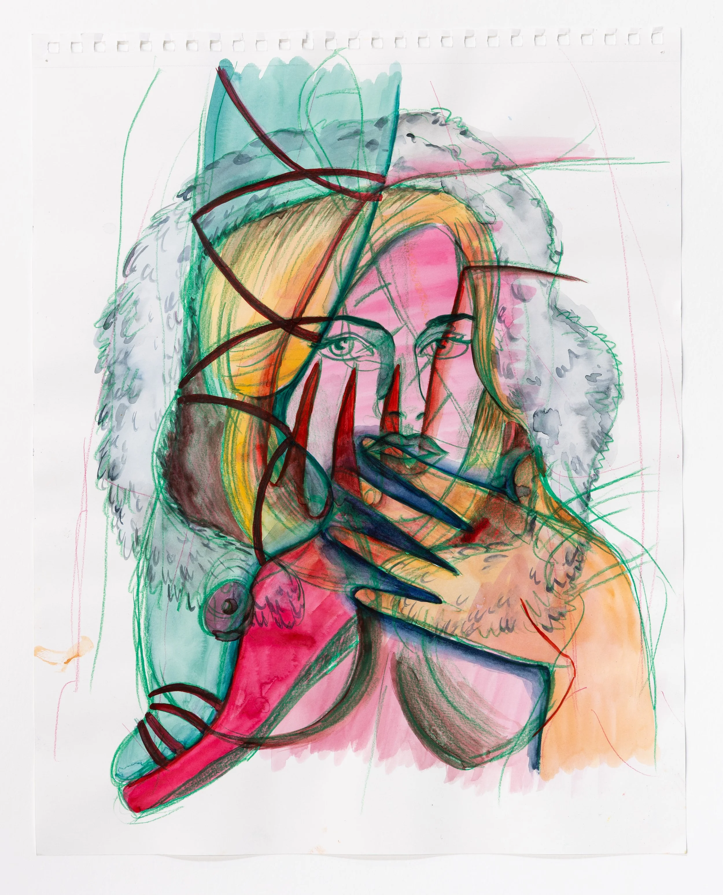  Watercolor and colored pencil on paper, 24×18, 2024. 