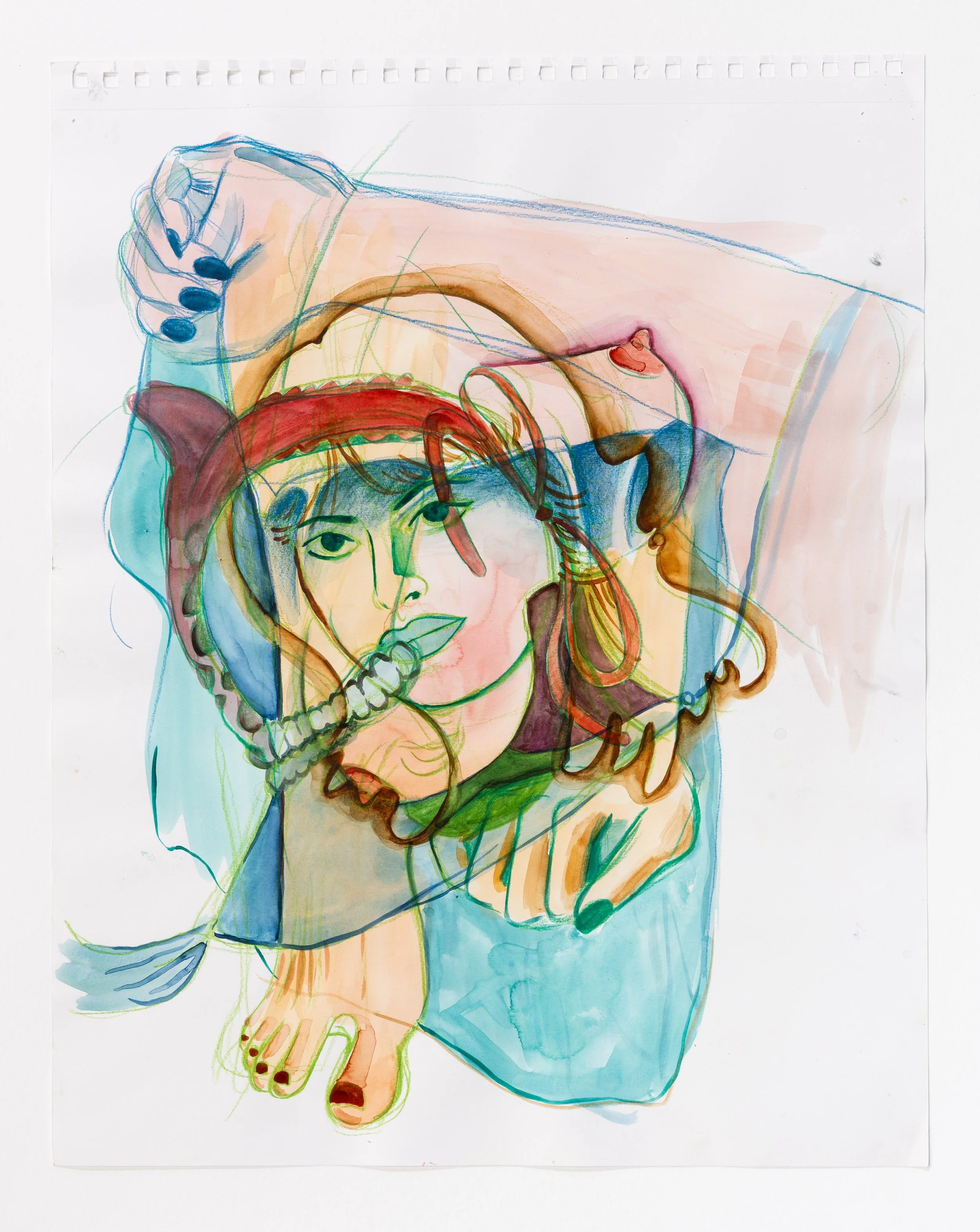  Watercolor and colored pencil on paper, 24×18, 2024. 