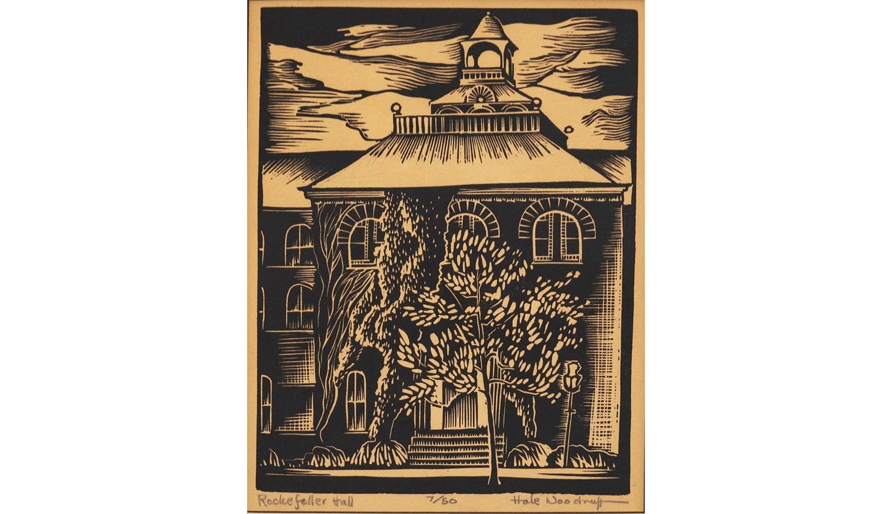 Hale Woodruff Rockefeller Hall, c.1931 Linocut 7/50. 8 1/2 x 6 3/8 in 