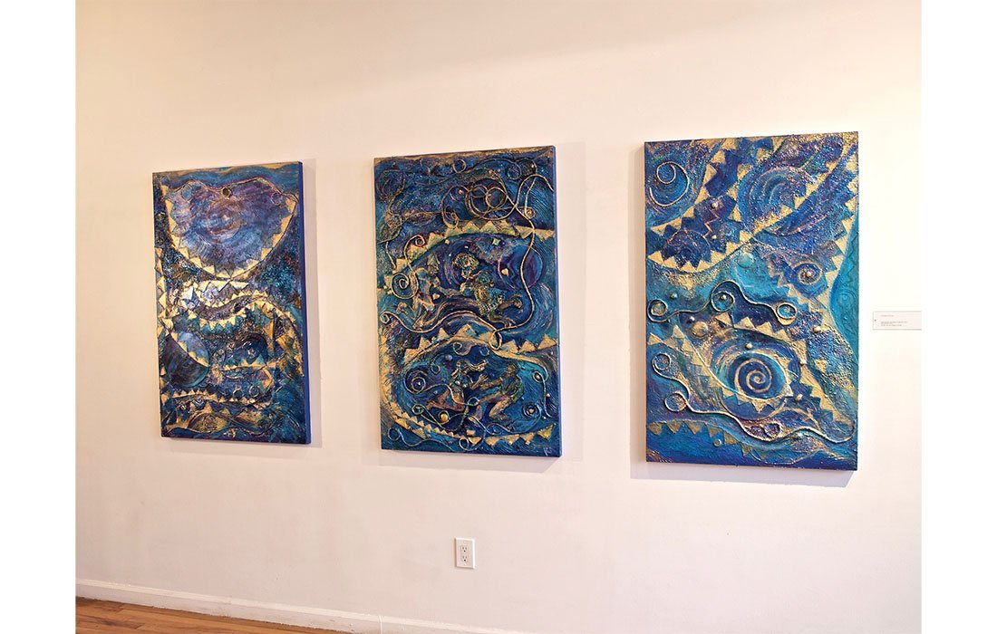  Charlotte Ka. Dancing thru the Blues. Triptych Acrylic, oil, collage on board. 2021 48 x 72 inches 