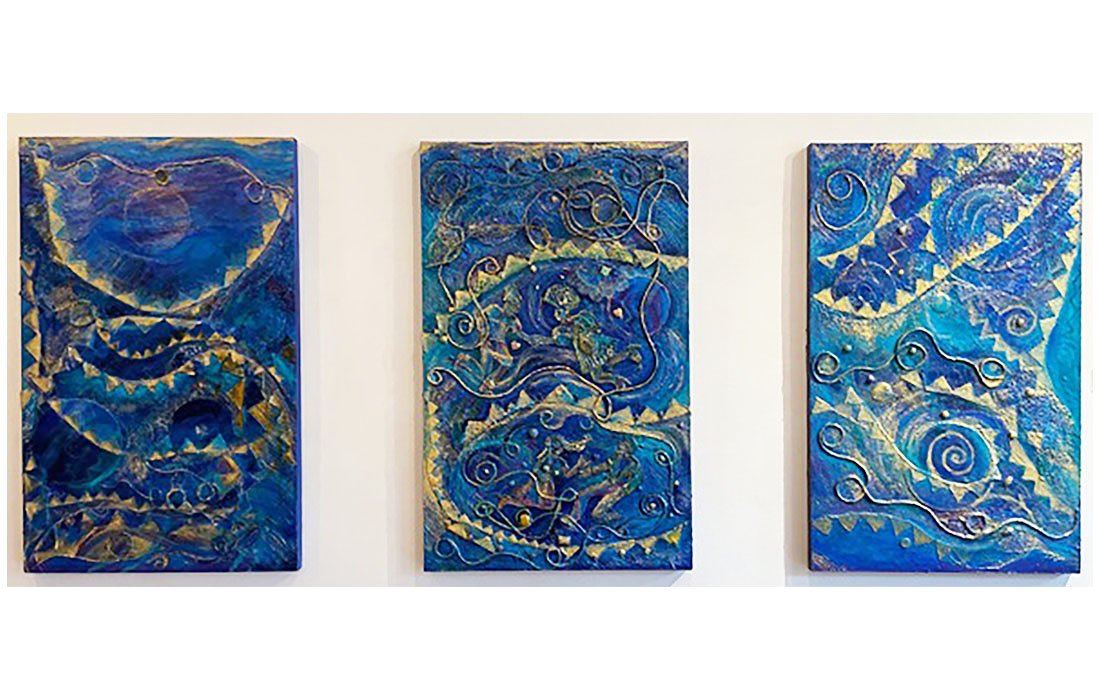  Charlotte Ka Dancing thru the Blues. 2021 Triptych Acrylic, oil, collage on board 48 x 72 inches 