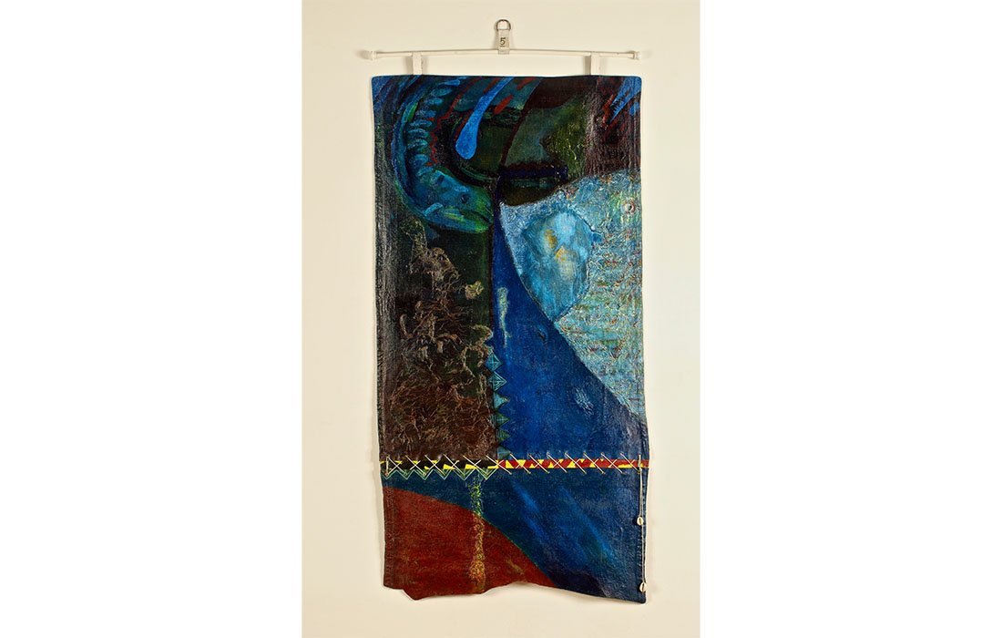  Saliou Diouf Le Grand Bleu, 1995 Oil on leather Tapisserie 60 x 28 inches 