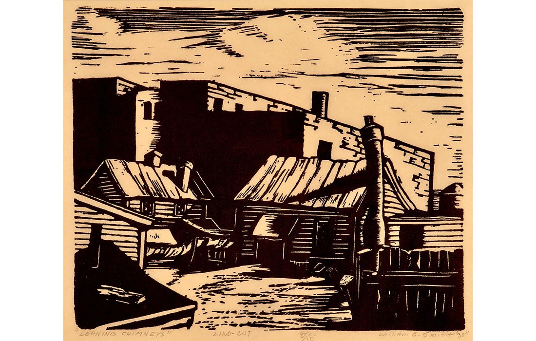  William E Smith Leaning Chimneys, 1938 Linocut, Edition 8/10 9" x 10 3/4" 