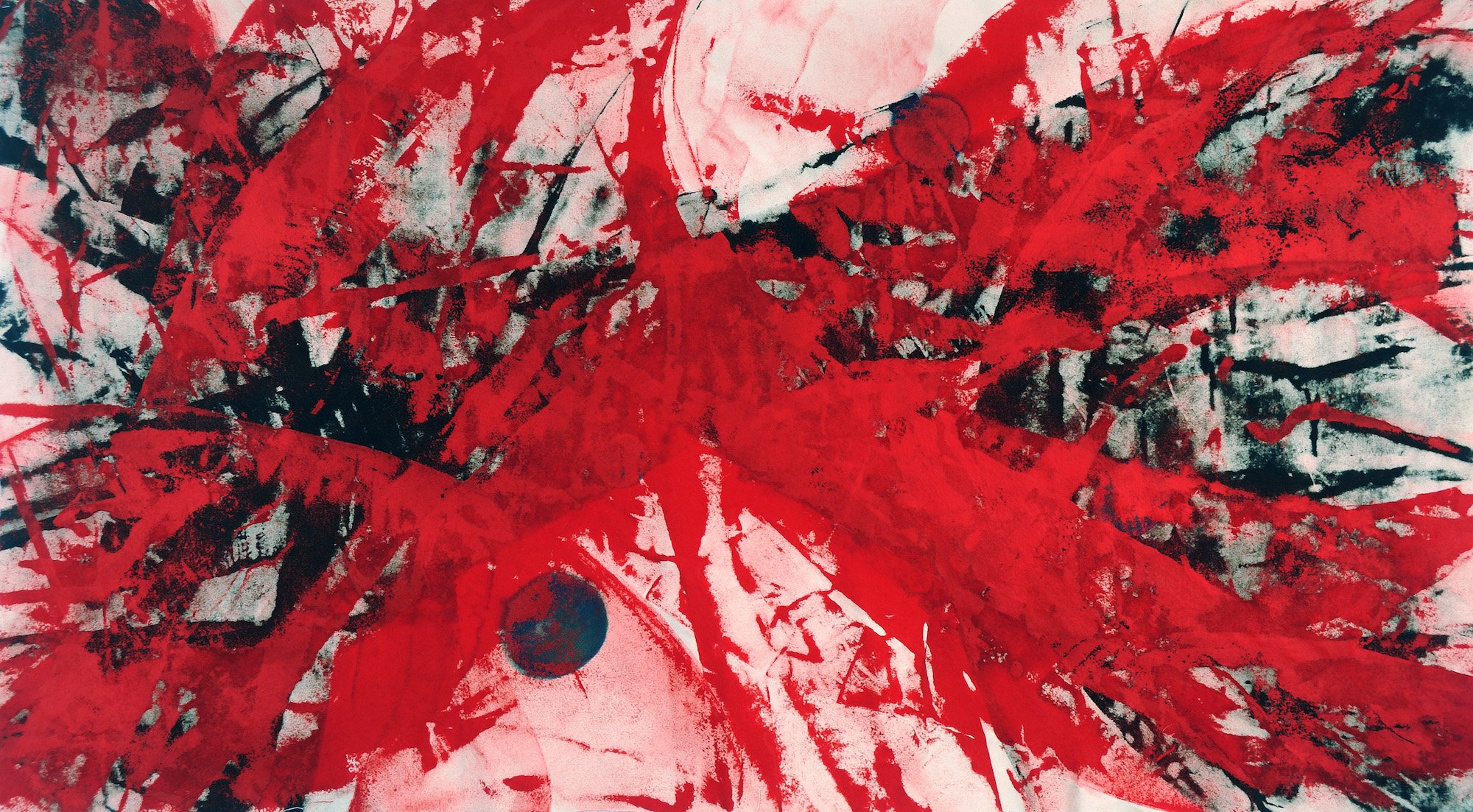 Ft. Washington Park Spirit Tree Series Red Rhythms, 2024 Mixed Media on unprimed canvas. 34” x 64”