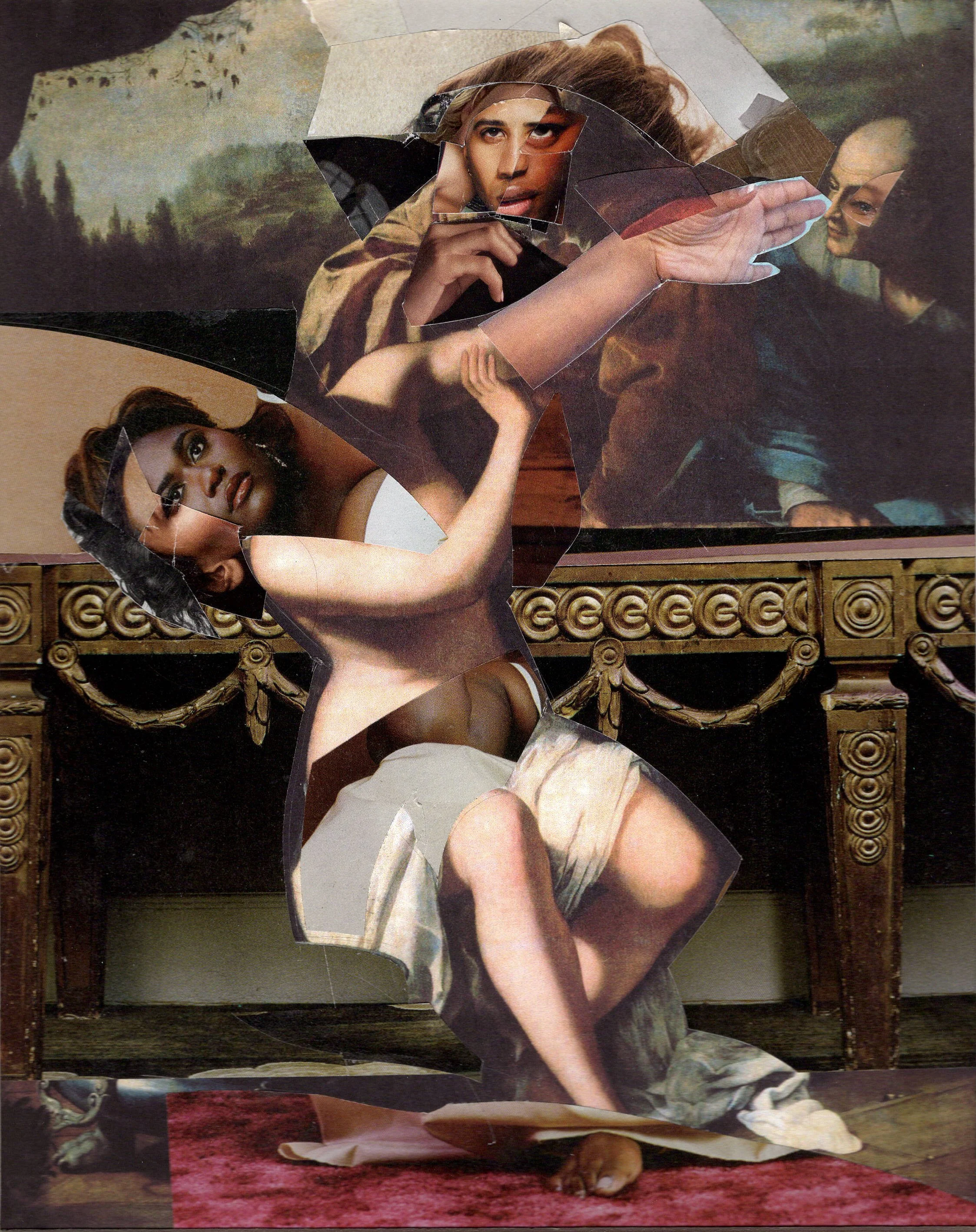Susanna and the Predators, 2024 Collage on archival paper. 9 1/2” x 7 1/2"