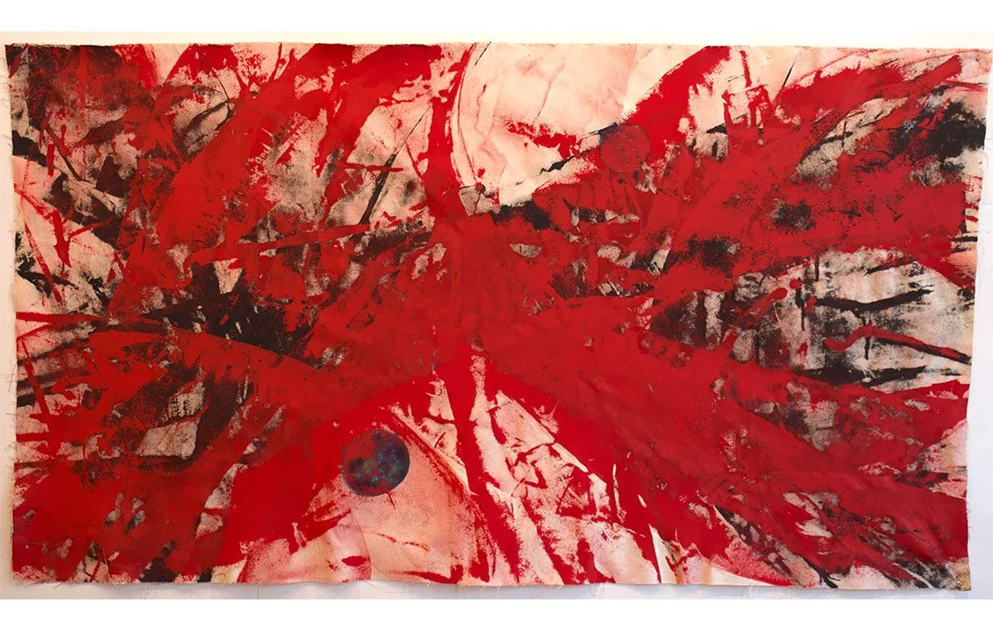 Ft. Washington Park Spirit Tree Series Red Rhythms, 2024 Mixed Media on unprimed canvas. 34” x 64”