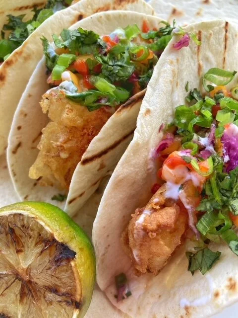 Tempura Fish Tacos with Mango- Cabbage Slaw