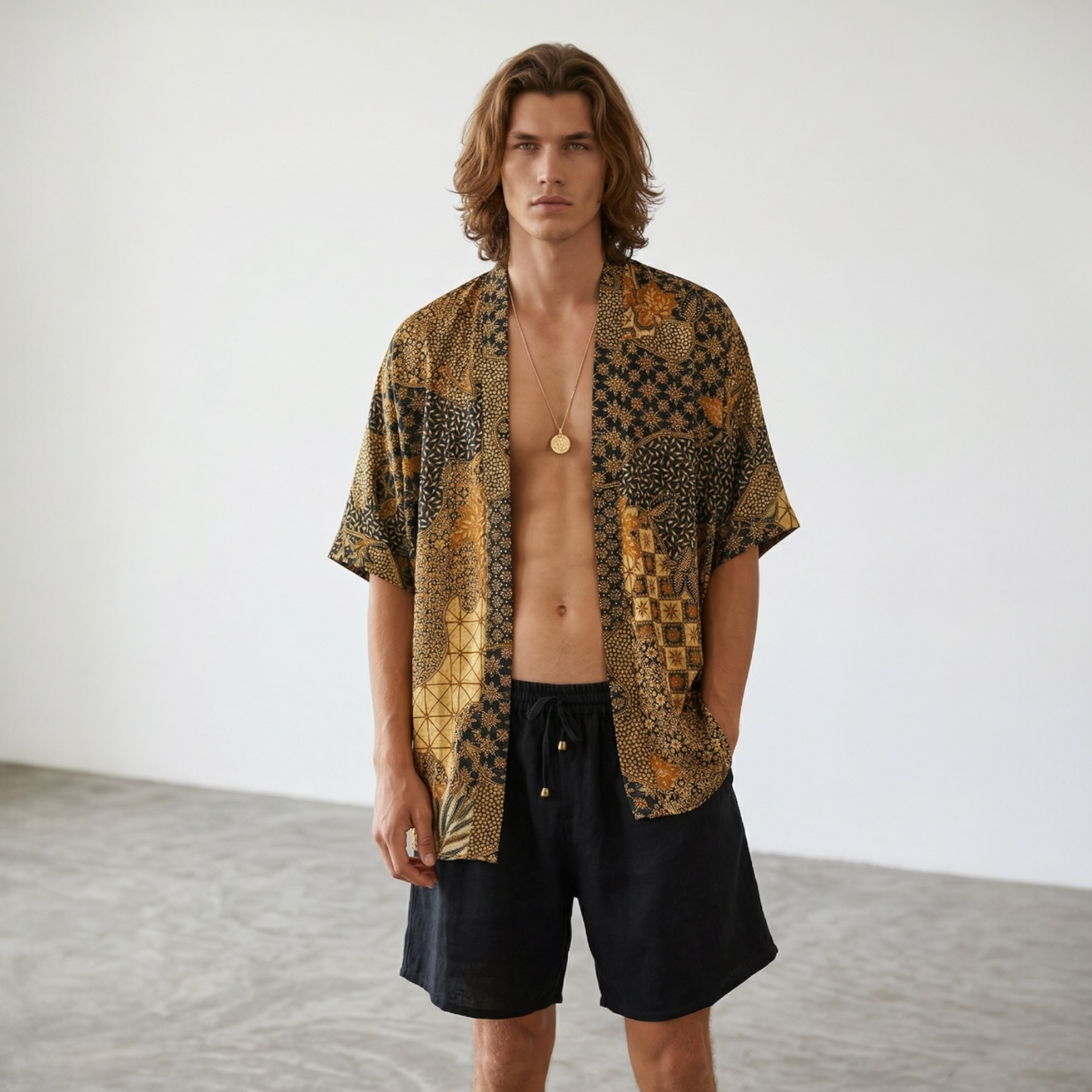 A young man with long, wavy hair standing in a minimalistic room with a white wall and concrete floor, wearing a patterned open shirt, black shorts, and a gold necklace.