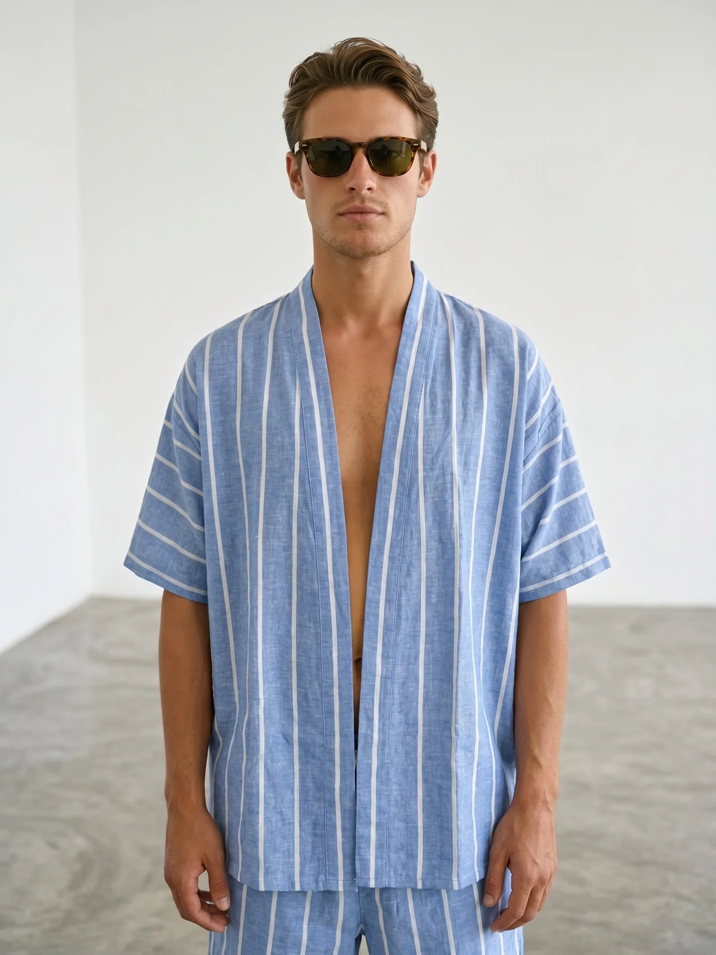 Light structure. Quiet rhythm. Timeless nautical stripes.

Crafted from 45% Hemp &amp; 55% Organic Cotton, the VALERIE kimono shirt offers a soft, effortless drape with a clean, relaxed feel. Vertical stripes in cool blue and white tones bring a sens