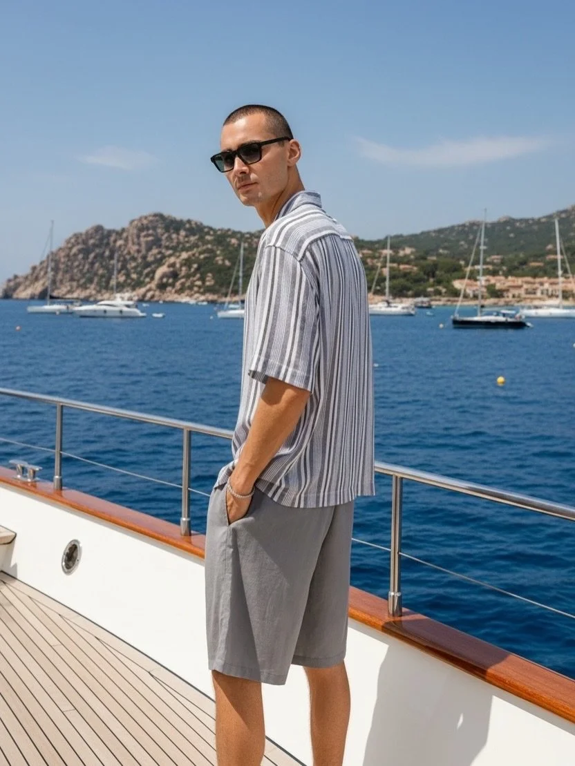 Crafted from lightweight textured cotton, the Nima shirt combines comfort and understated elegance. The vertical grey and sand stripes evoke a calm coastal aesthetic, while the relaxed fit and open collar bring ease to any setting. Designed for versa