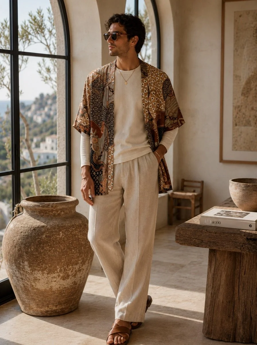 The ENARI kimono shirt in earthy browns, beige and black - a richer, masculine palette for the last weeks of summer. Wear it open over a fine knit or soft jersey with relaxed linen trousers when the evenings turn cooler; stripped back, layered, and s