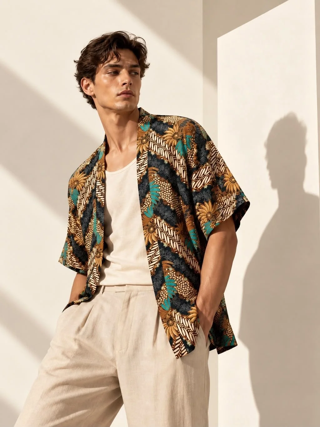 One look, clean lines and comfortable yet classy outfit with our Nassau kimono shirt. This piece comes in beautiful earthy tones and a turquoise highlights on a traditional print 🐬