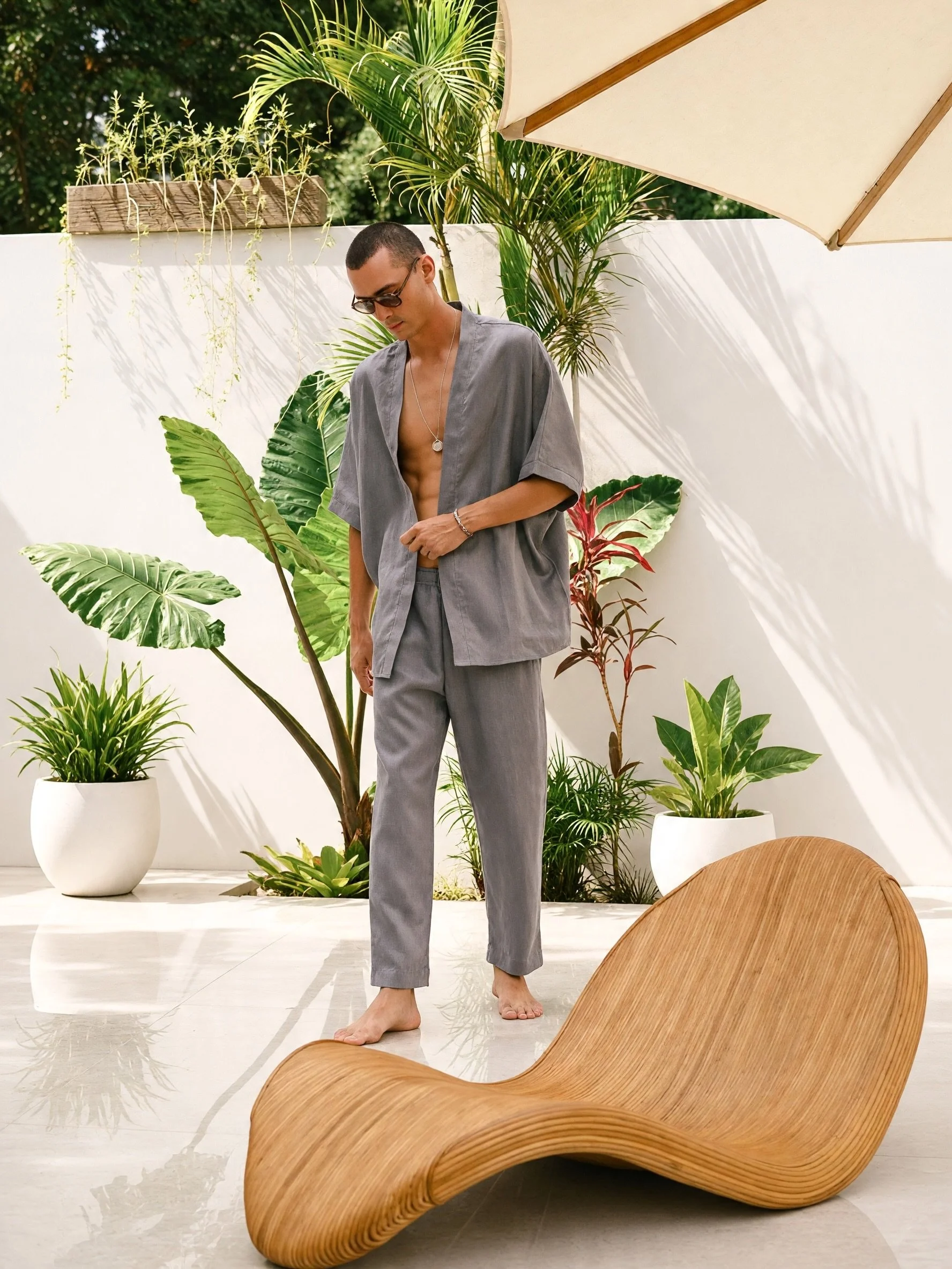 The INARI French linen kimono shirt with our signature linen joggers - rendered in custom Titanium for a refined tonal statement. Pure French linen, fluid drape, and understated sophistication from first light to late afternoon.

#OriginOfHearts #Men