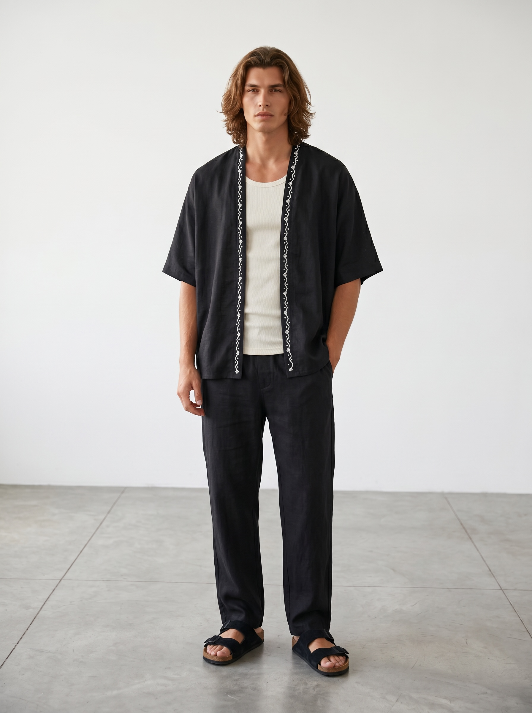 Noir Hand embroidered kimono shirt